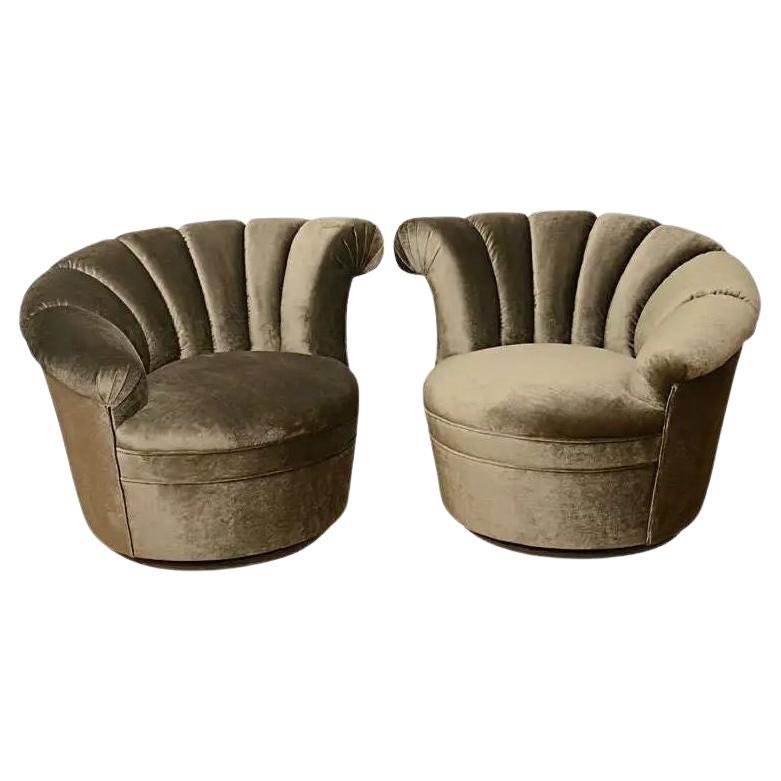 Pair Kagan Style Channel Back Nautilus Swivel Chairs For Sale