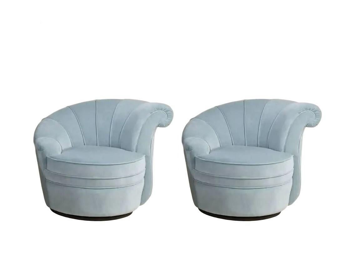 Pair Kagan Style Soft Blue Channel Back Nautilus Swivel Chairs For Sale 3