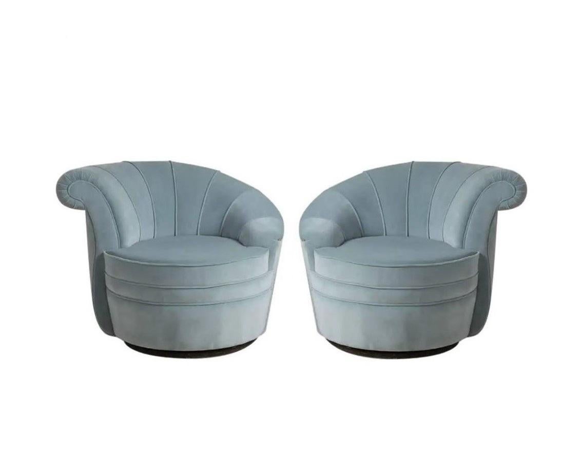 Mid-Century Modern Pair Kagan Style Soft Blue Channel Back Nautilus Swivel Chairs For Sale