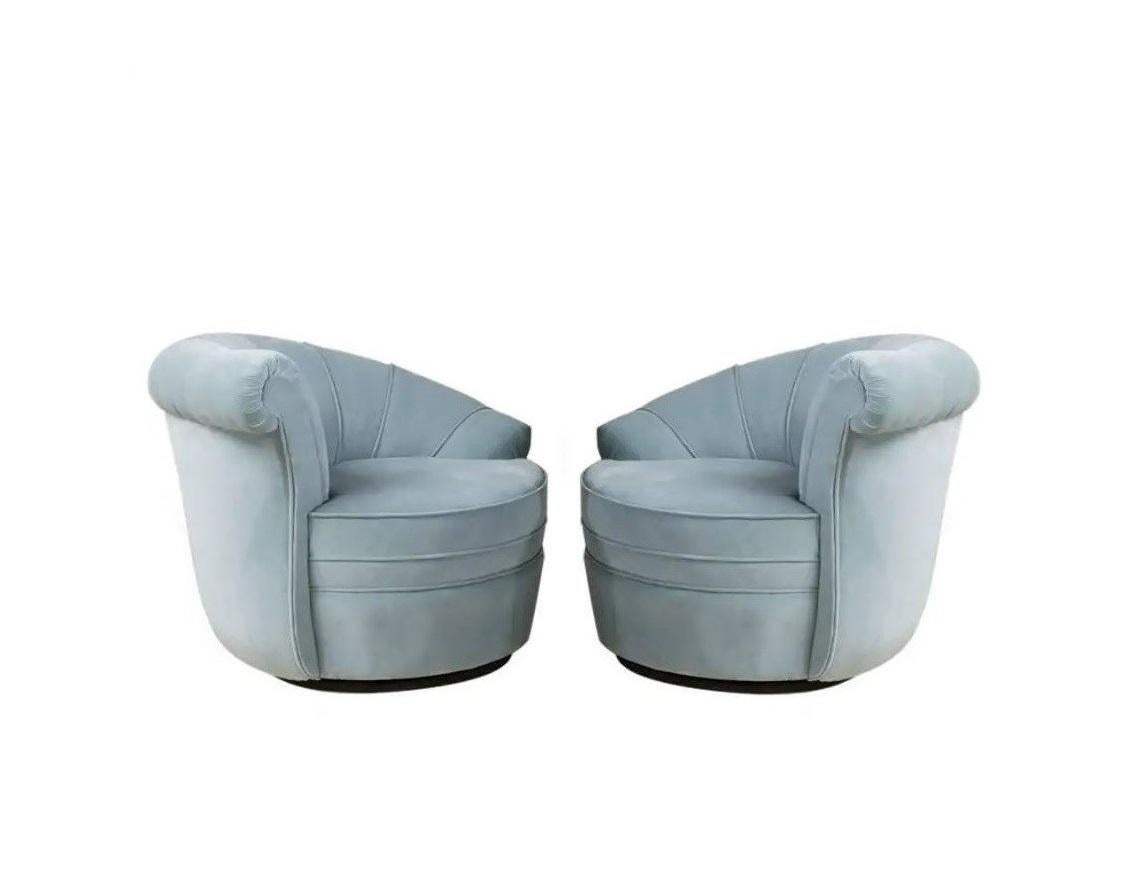 American Pair Kagan Style Soft Blue Channel Back Nautilus Swivel Chairs For Sale