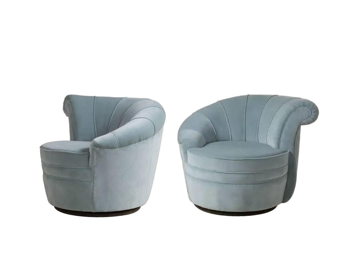 Pair Kagan Style Soft Blue Channel Back Nautilus Swivel Chairs In Excellent Condition For Sale In Dallas, TX