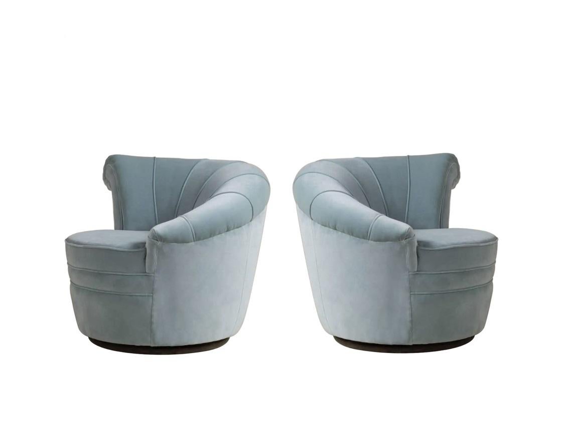Mid-20th Century Pair Kagan Style Soft Blue Channel Back Nautilus Swivel Chairs For Sale
