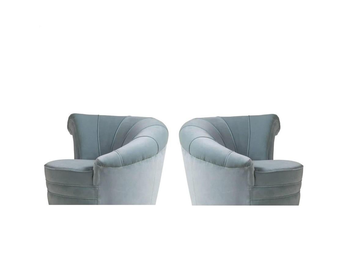 Velvet Pair Kagan Style Soft Blue Channel Back Nautilus Swivel Chairs For Sale