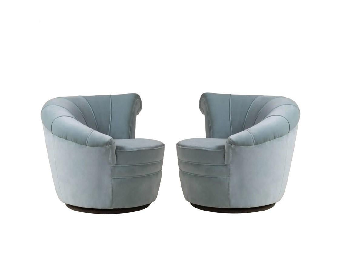 Pair Kagan Style Soft Blue Channel Back Nautilus Swivel Chairs For Sale 1