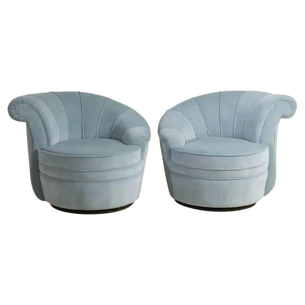 Pair Kagan Style Soft Blue Channel Back Nautilus Swivel Chairs For Sale