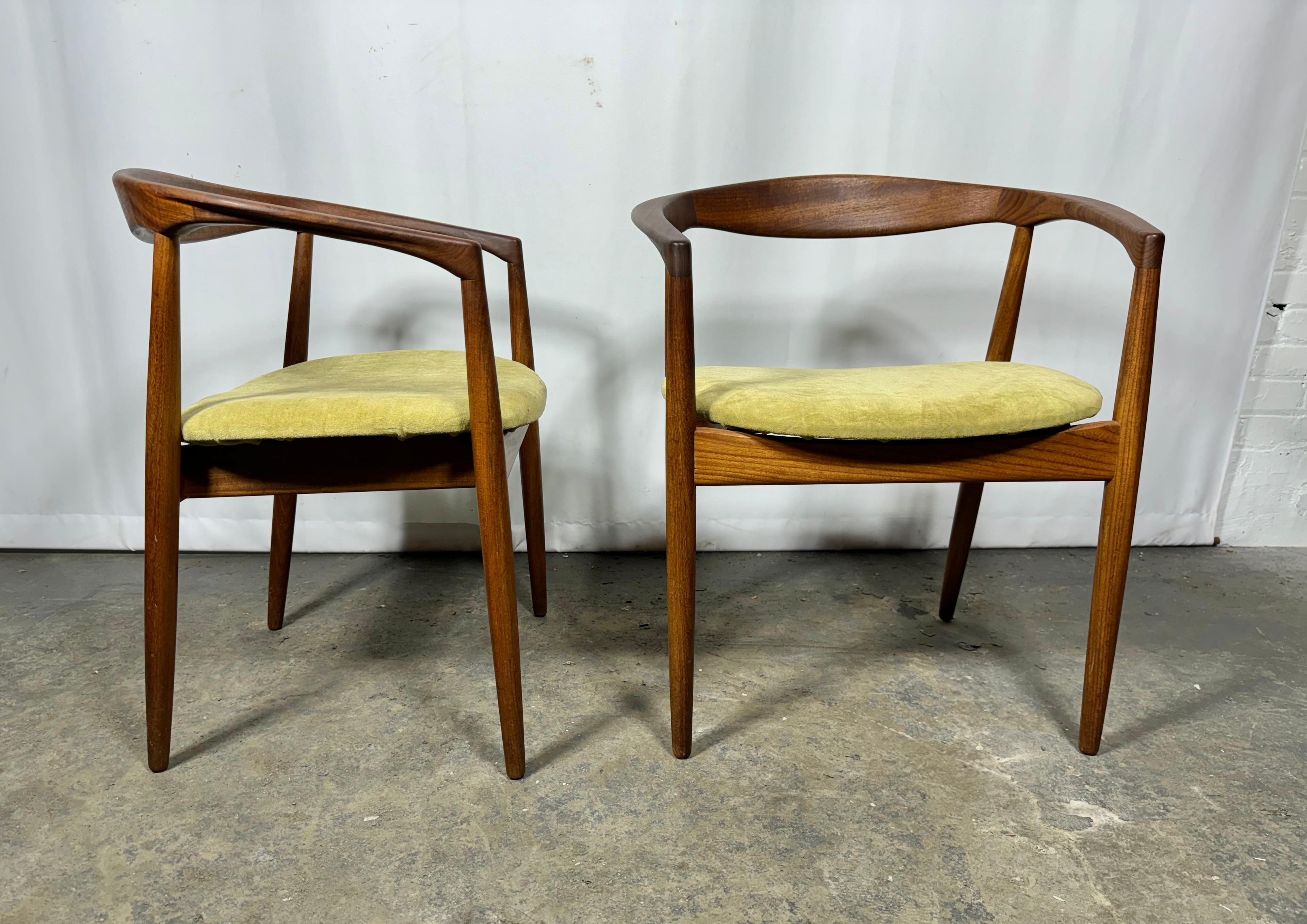 Classic pair of Kai Kristiansen 'Troja' round chairs from circa 1960. The frame is made from Afromosia African teak wood. The seat has been reupholstered in premium cotton velvet fabric.. Wonderful original wood frames showing beautiful patina
