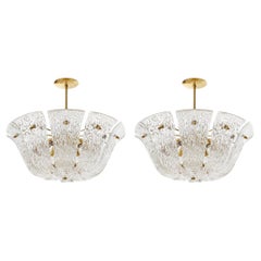 Pair Kalmar Chandeliers or Flush Mount Lights Brass Curved Textured Glass, 1960s