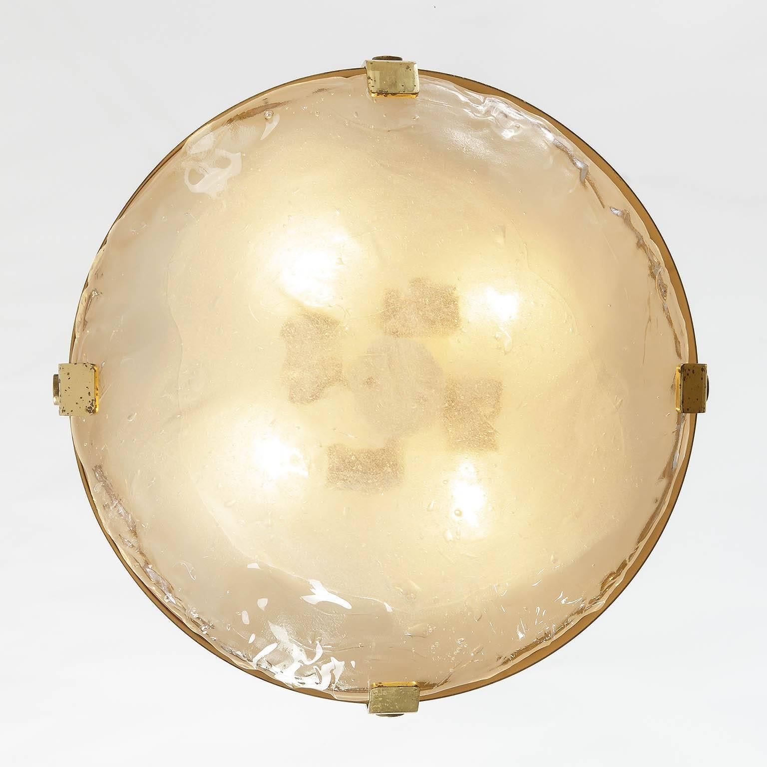 Late 20th Century Pair of Kalmar Flush Mount Lights, Brass Murano Glass, 1970s