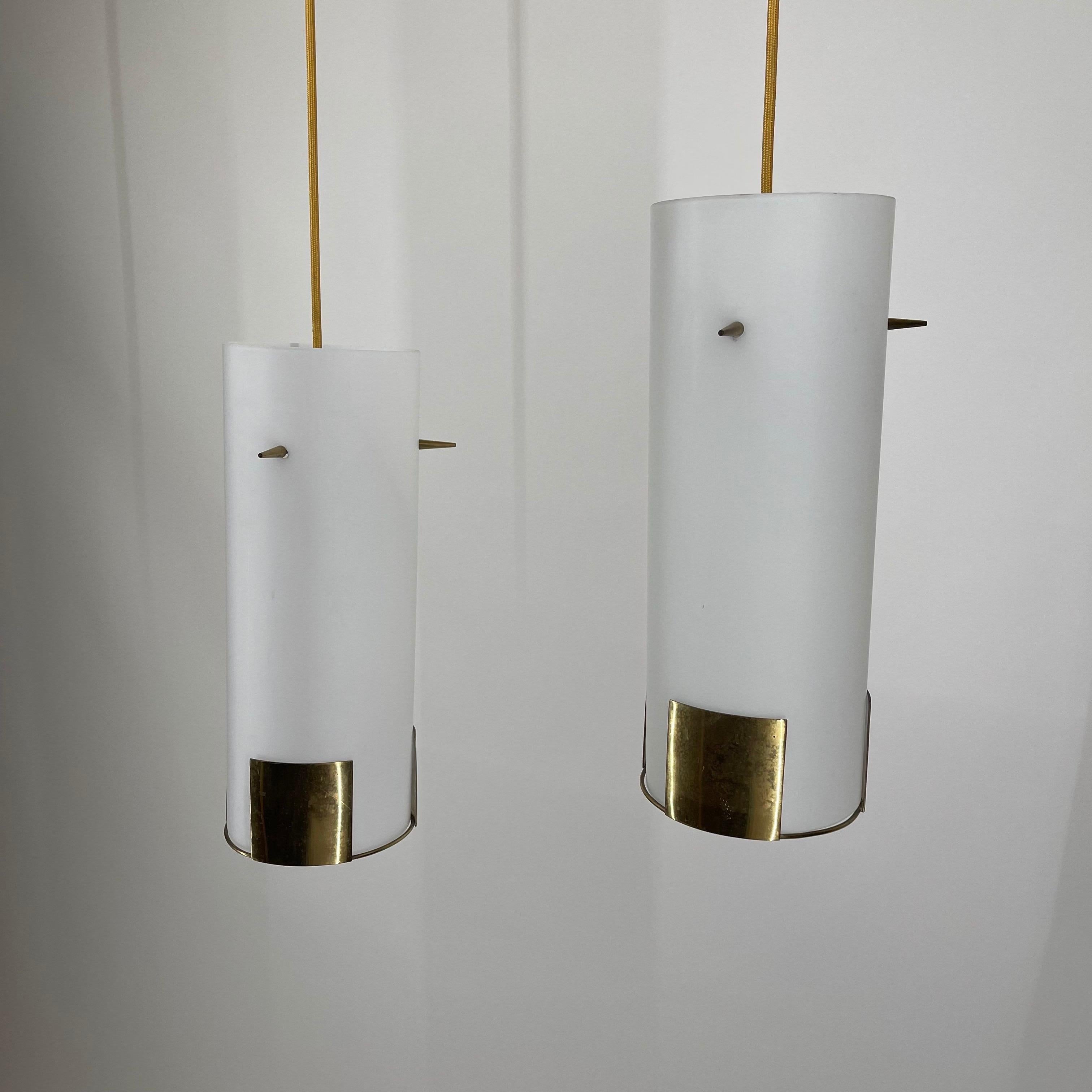 Mid-20th Century Pair Kalmar Pendant Lights, Opal Glass Brass Details, Austria, 1950s For Sale