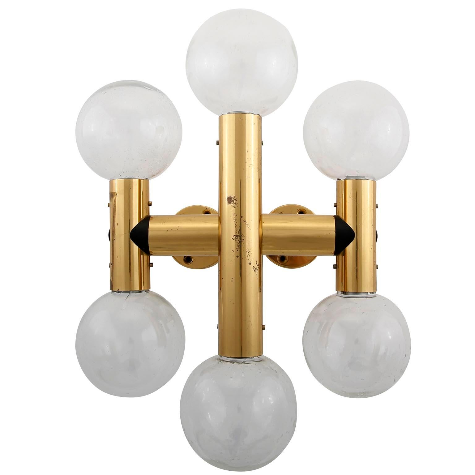 A pair of large six-arm wall lamps or flush mount light fixtures model 'RS 6 WA' by J.T. Kalmar, Austria, manufactured in midcentury in 1970s.
The fixtures are made of polished brass and 6 hand blown bubble glass lamp shades with a diameter of 4.7