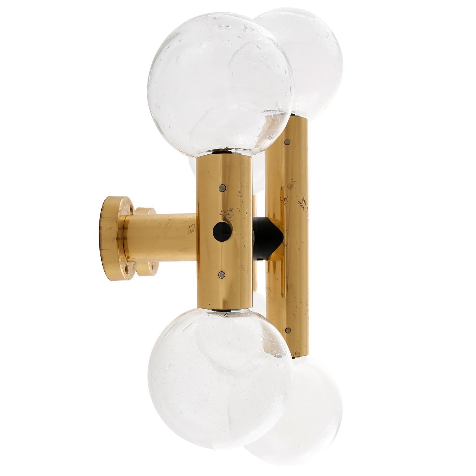 Mid-Century Modern Pair of Kalmar Sconces Flush Mount Lights 'RS 6 WA', Glass Brass, 1970 For Sale