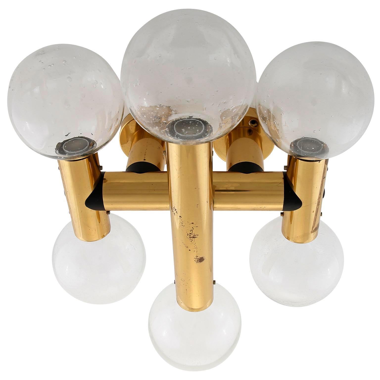 Late 20th Century Pair of Kalmar Sconces Flush Mount Lights 'RS 6 WA', Glass Brass, 1970 For Sale