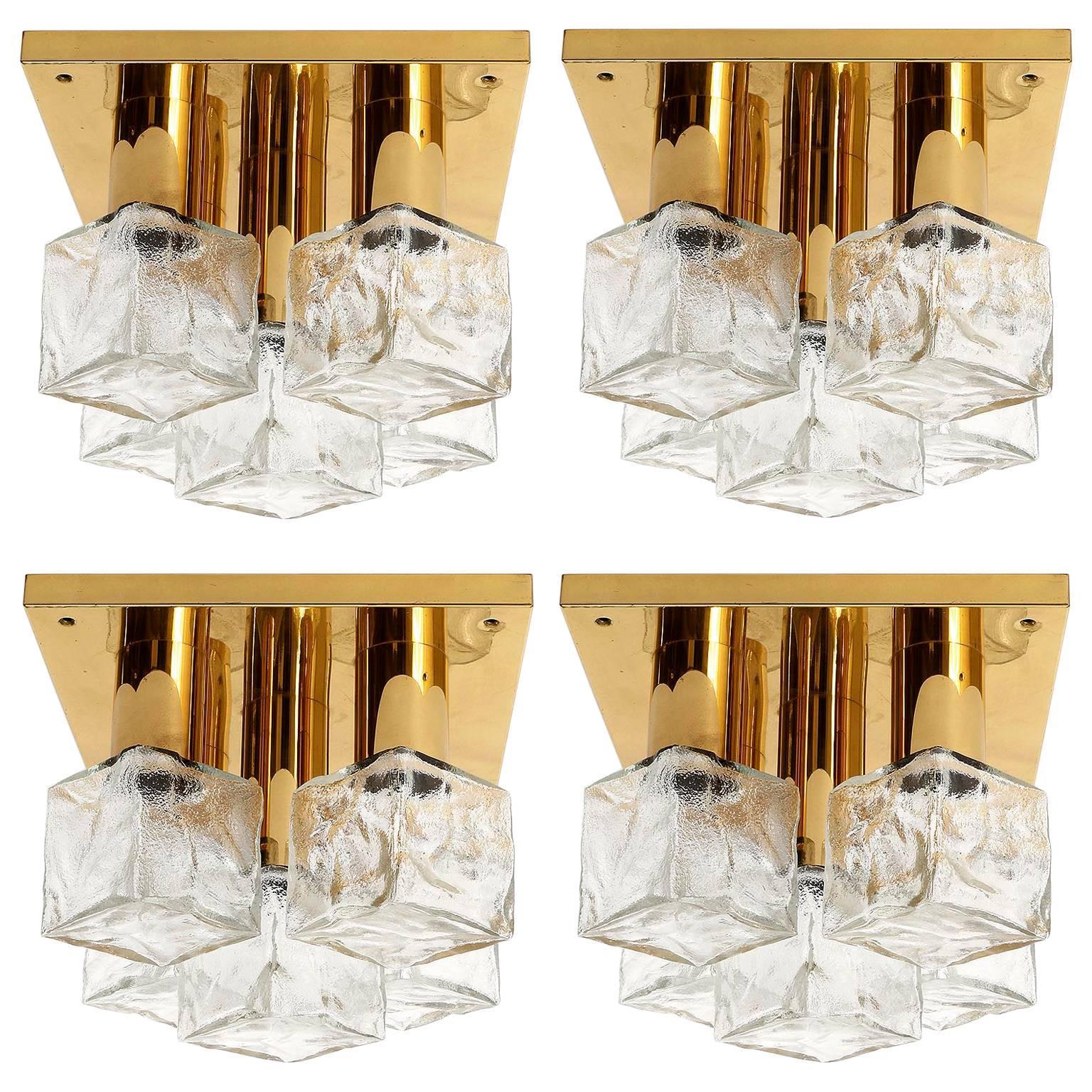 Pair Kalmar Sconces or Flush Mount Lights, Brass Cast Ice Glass, 1970s For Sale 9
