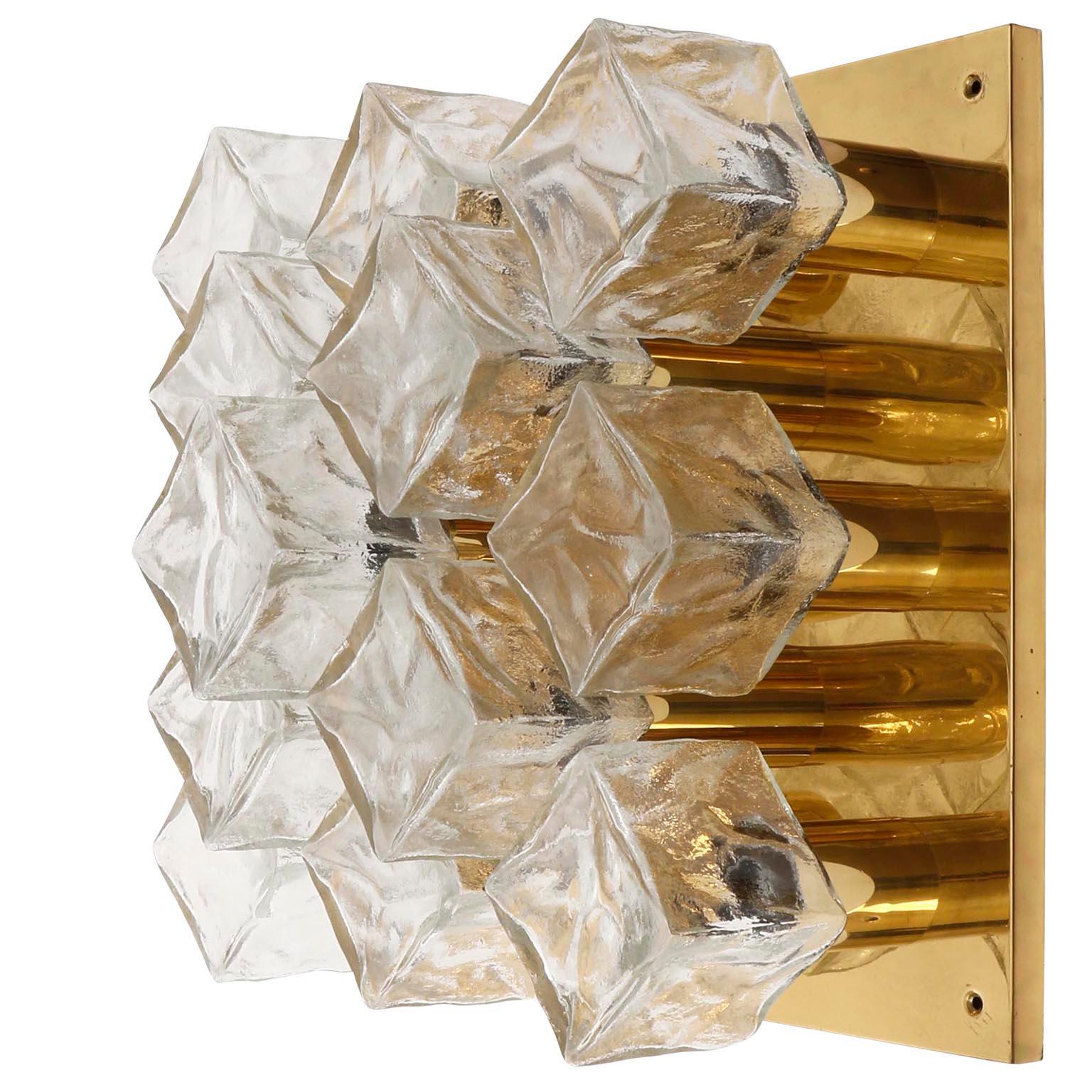 Mid-Century Modern Pair Kalmar Sconces or Flush Mount Lights, Brass Cast Ice Glass, 1970s For Sale