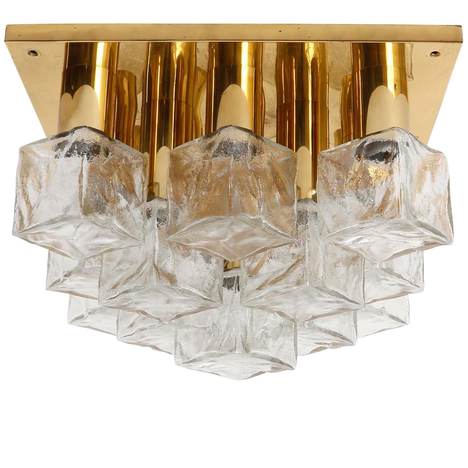 Pair Kalmar Sconces or Flush Mount Lights, Brass Cast Ice Glass, 1970s For Sale 1