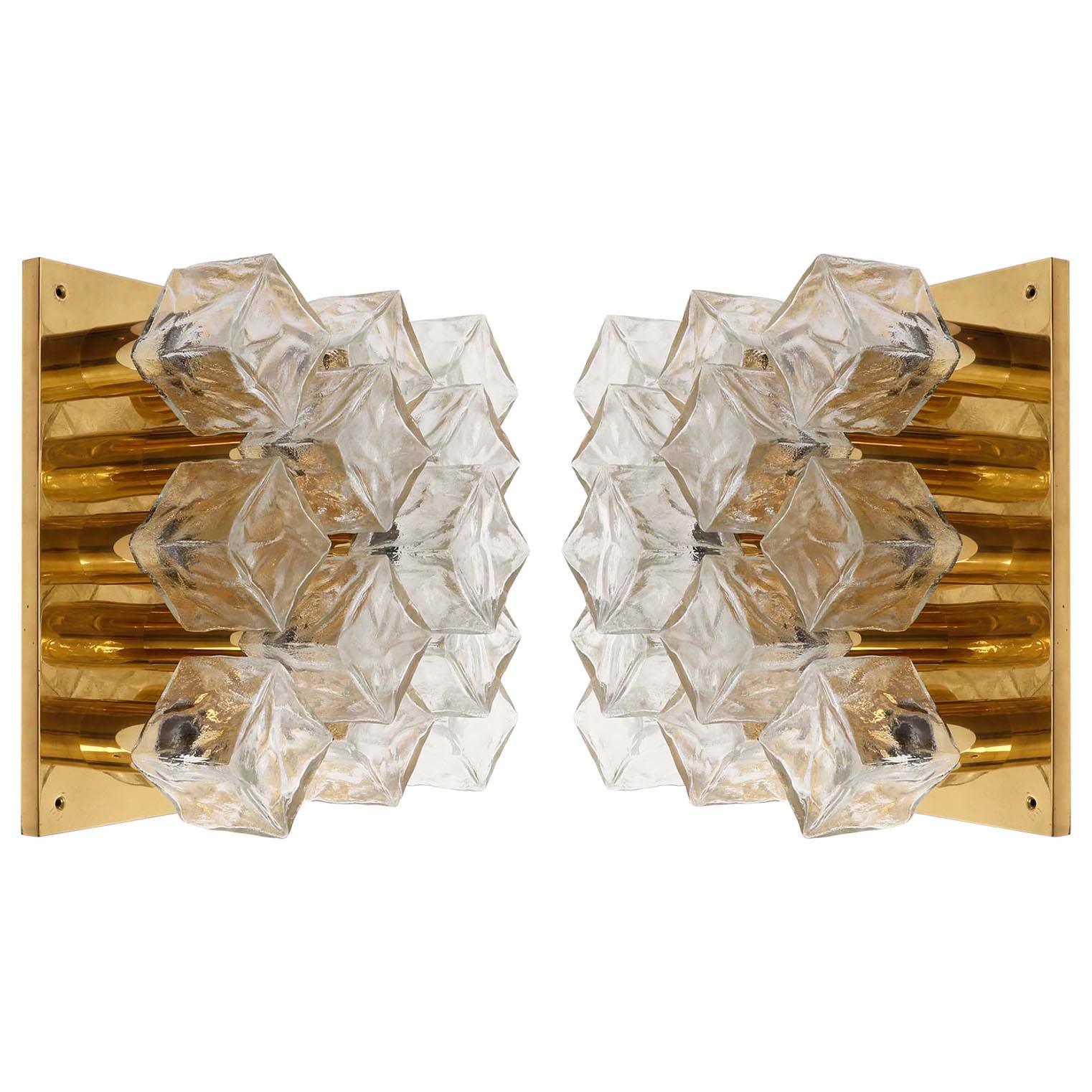 Pair Kalmar Sconces or Flush Mount Lights, Brass Cast Ice Glass, 1970s