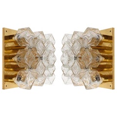 Pair Kalmar Sconces or Flush Mount Lights, Brass Cast Ice Glass, 1970s