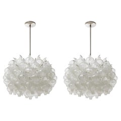 Pair Kalmar Tulipan Chandeliers Pendant Lights, Glass Nickel White Metal, 1970s