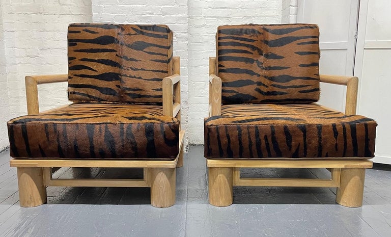 Pair Dowel Wood Lounge Chairs in Zebra Hide For Sale at 1stDibs