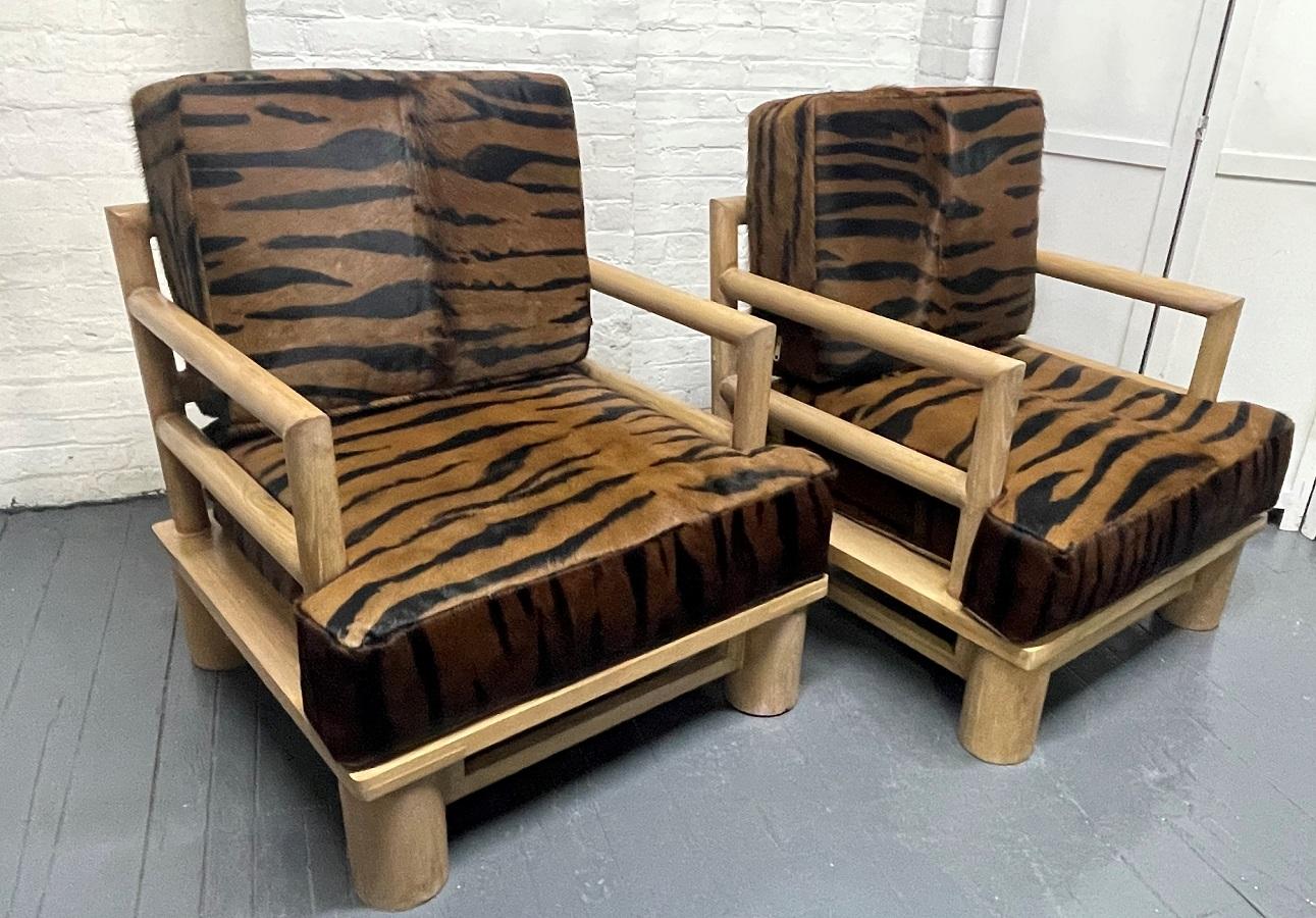 Modern Pair Dowel Wood Lounge Chairs in Zebra Hide For Sale