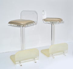Pair, Karl Springer Lucite Swivel Function Bar Stools Mid-Century Modern