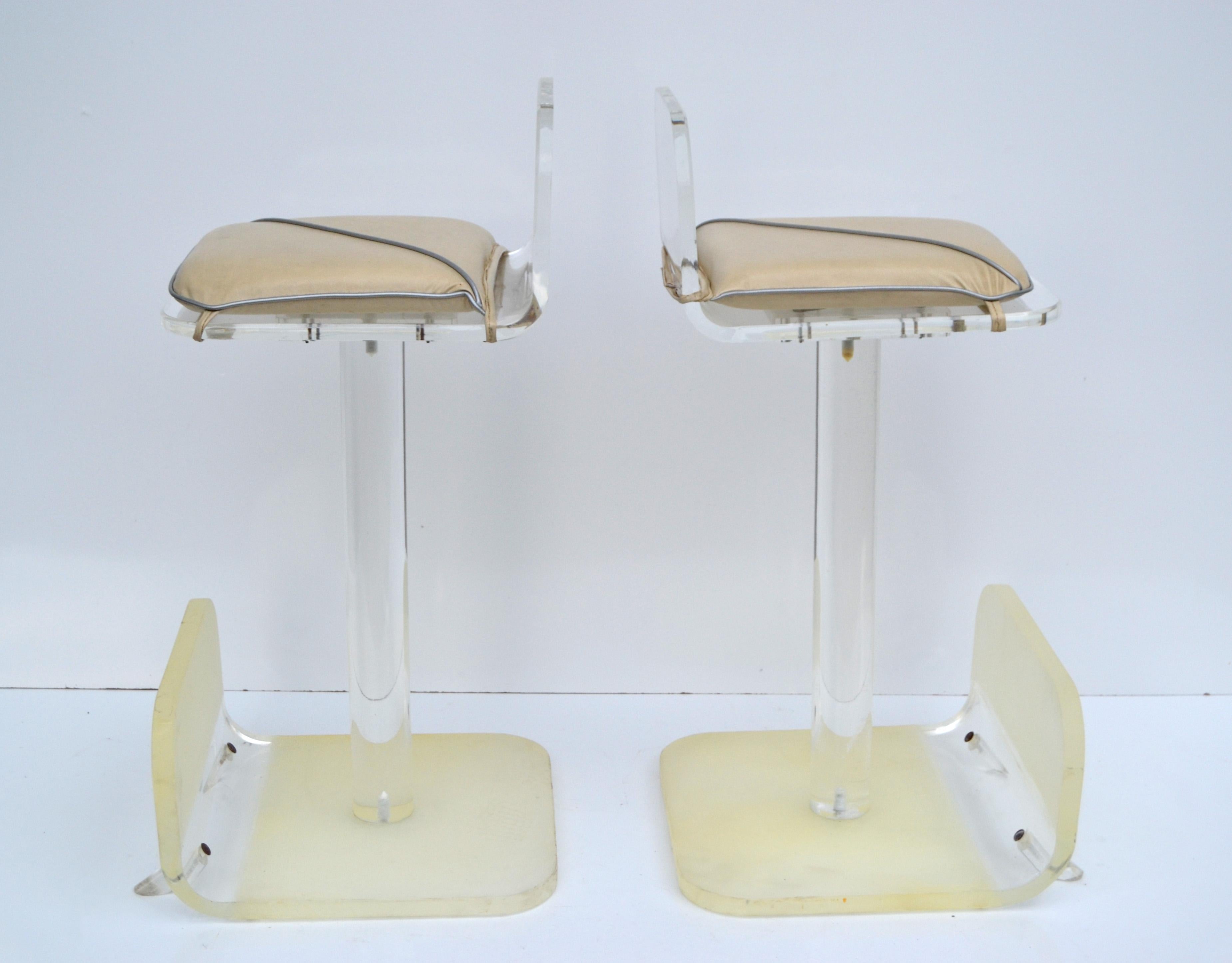 Frosted Pair, Karl Springer Lucite Swivel Function Bar Stools Mid-Century Modern For Sale