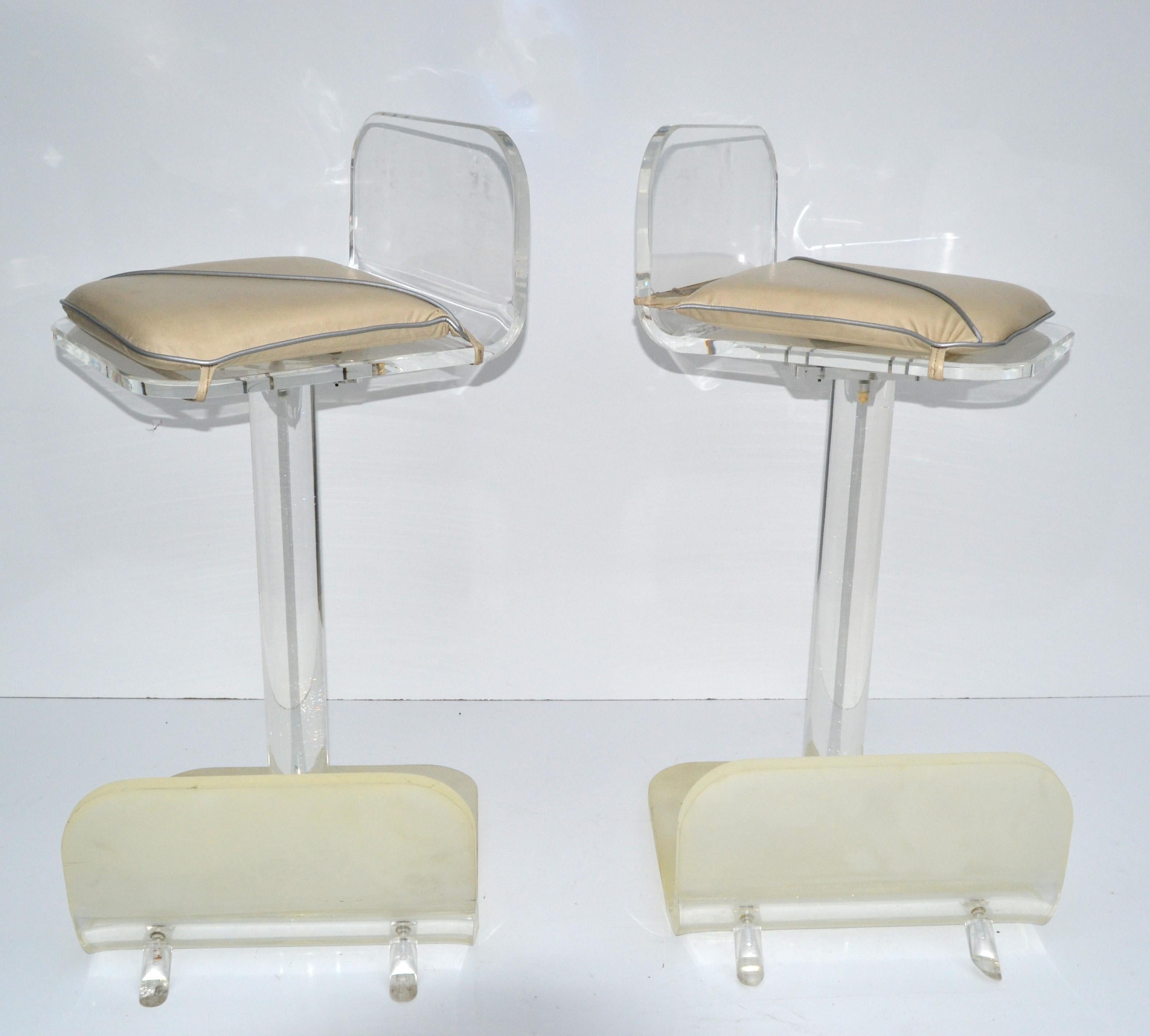 Pair, Karl Springer Lucite Swivel Function Bar Stools Mid-Century Modern In Good Condition For Sale In Miami, FL