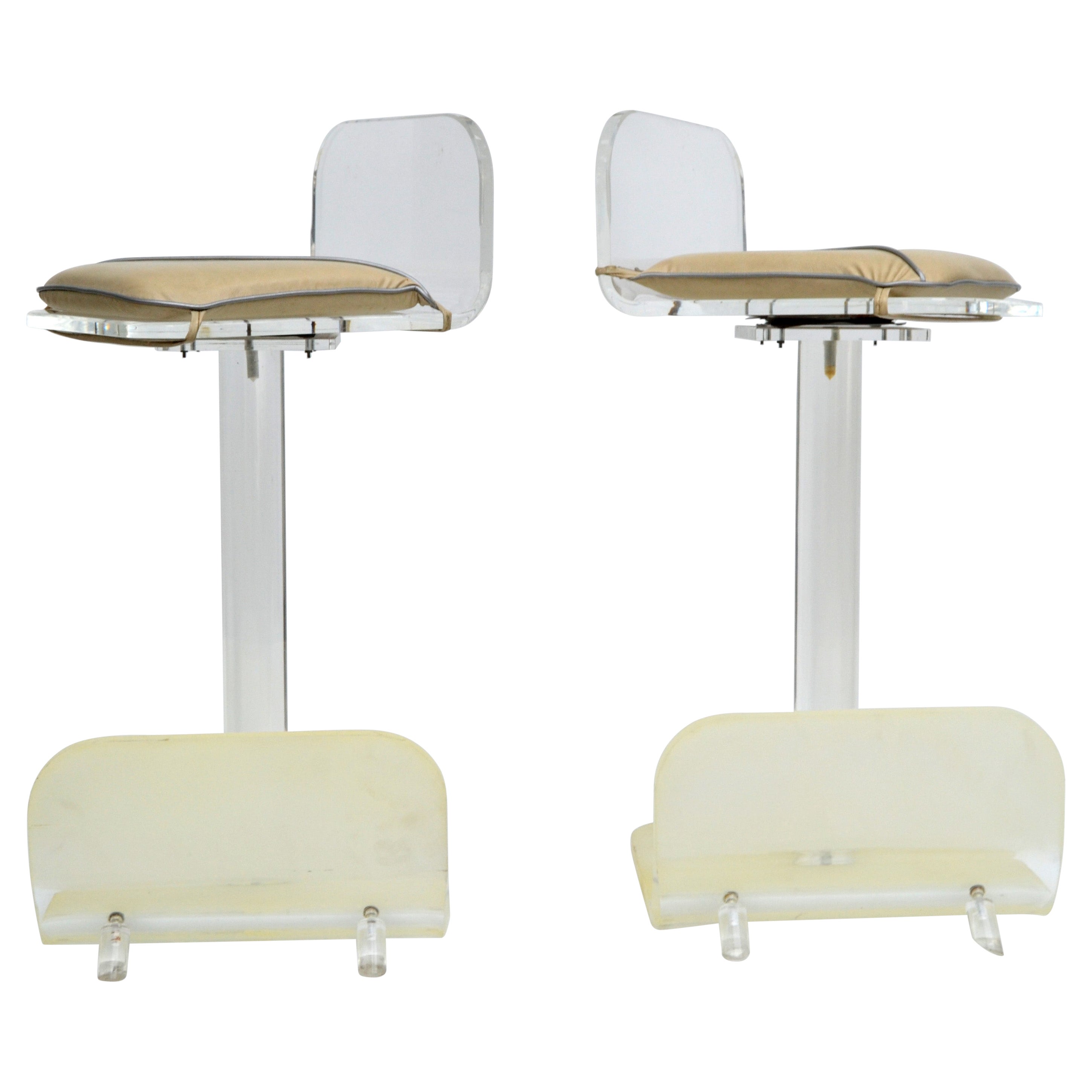 Pair, Karl Springer Lucite Swivel Function Bar Stools Mid-Century Modern