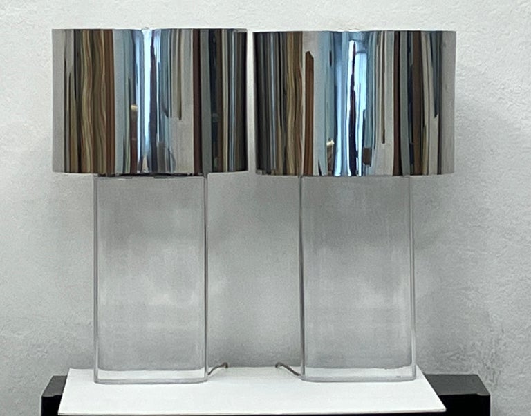 Pair Karl Springer Lucite Table Lamps with Original Polished Steel Shades For Sale