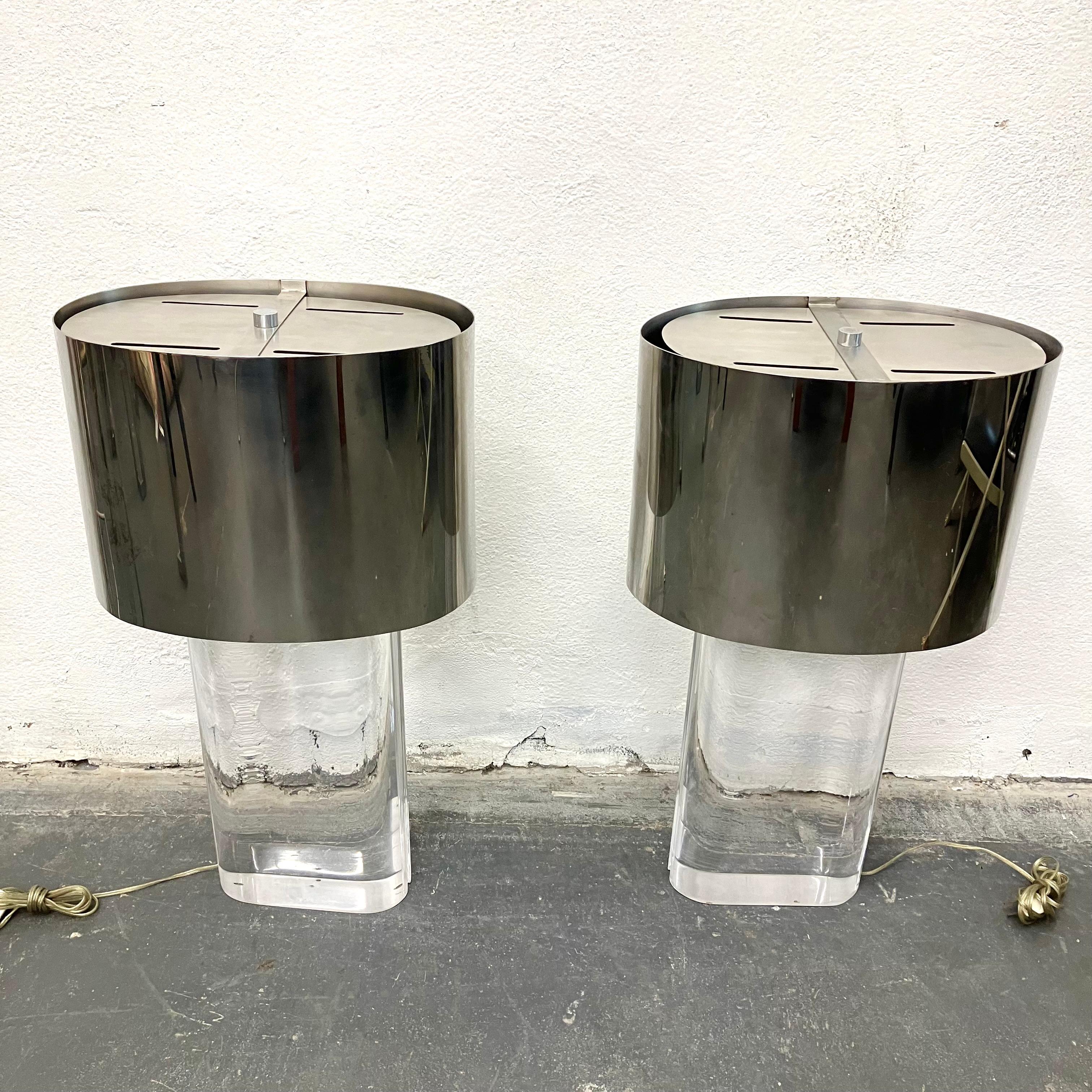 Mid-Century Modern Pair Karl Springer Lucite Table Lamps with Original Polished Steel Shades