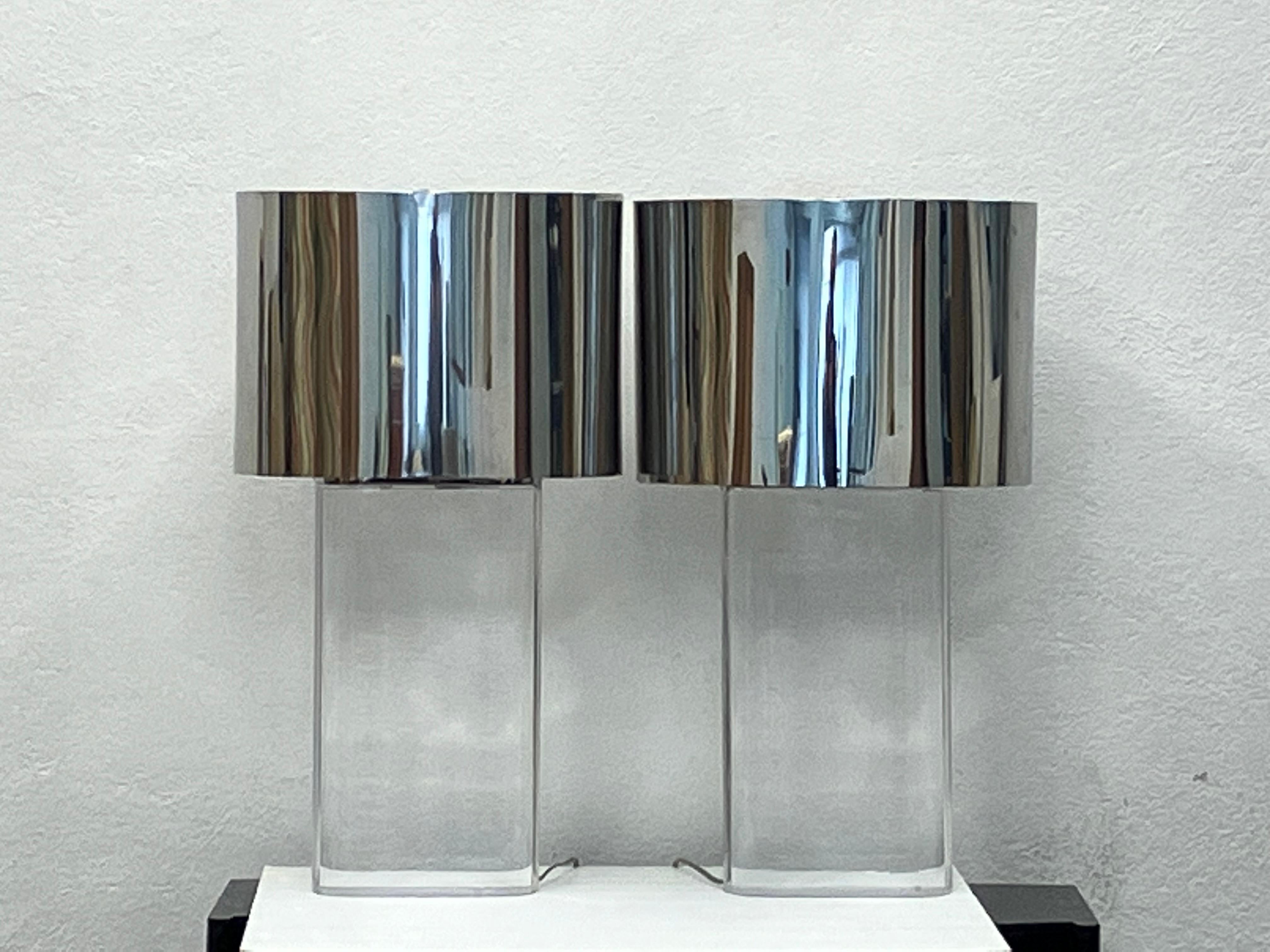 Mid-Century Modern Pair Karl Springer Lucite Table Lamps with Original Polished Steel Shades For Sale