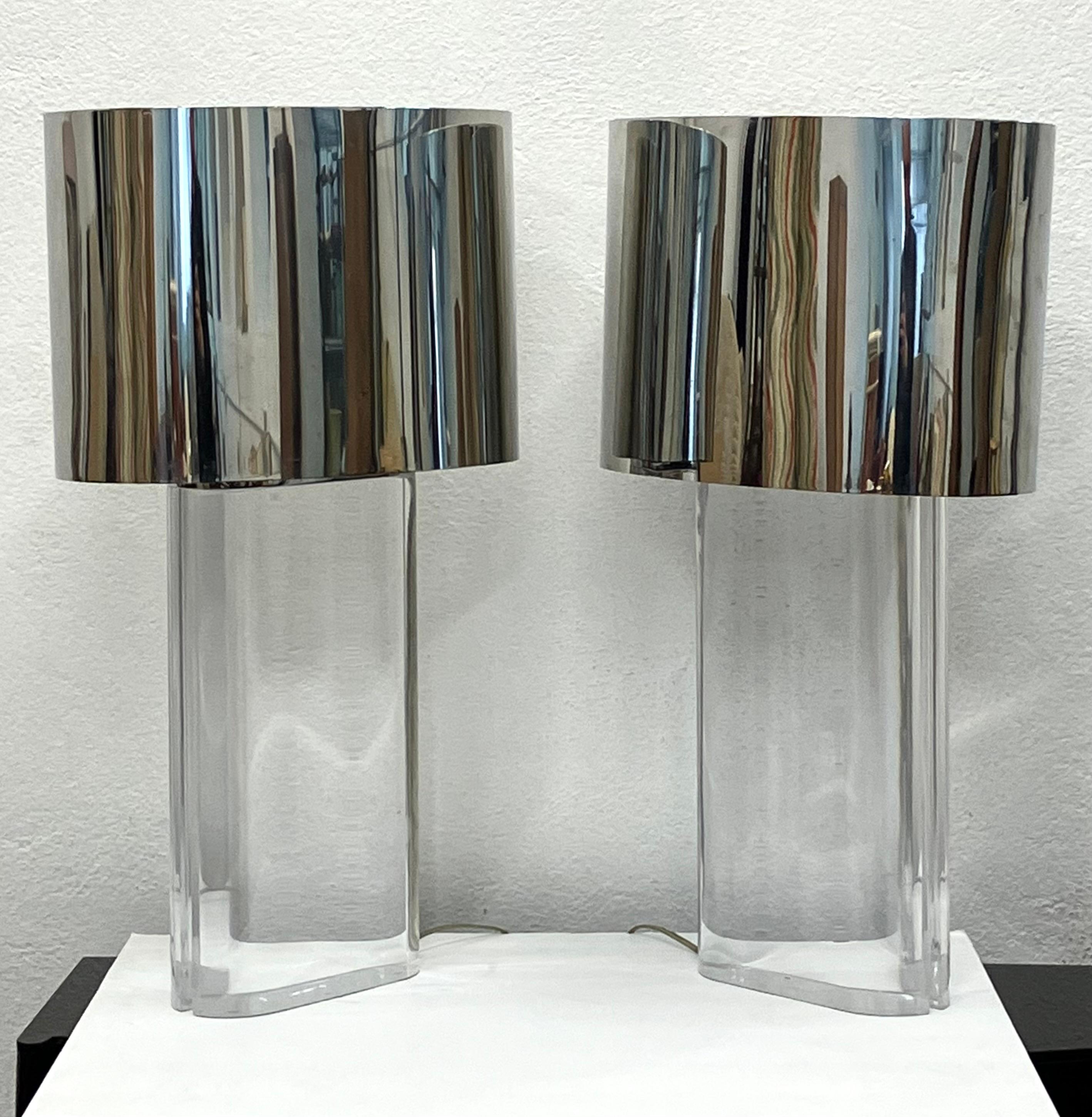 Pair Karl Springer Lucite Table Lamps with Original Polished Steel Shades In Good Condition For Sale In Brooklyn, NY
