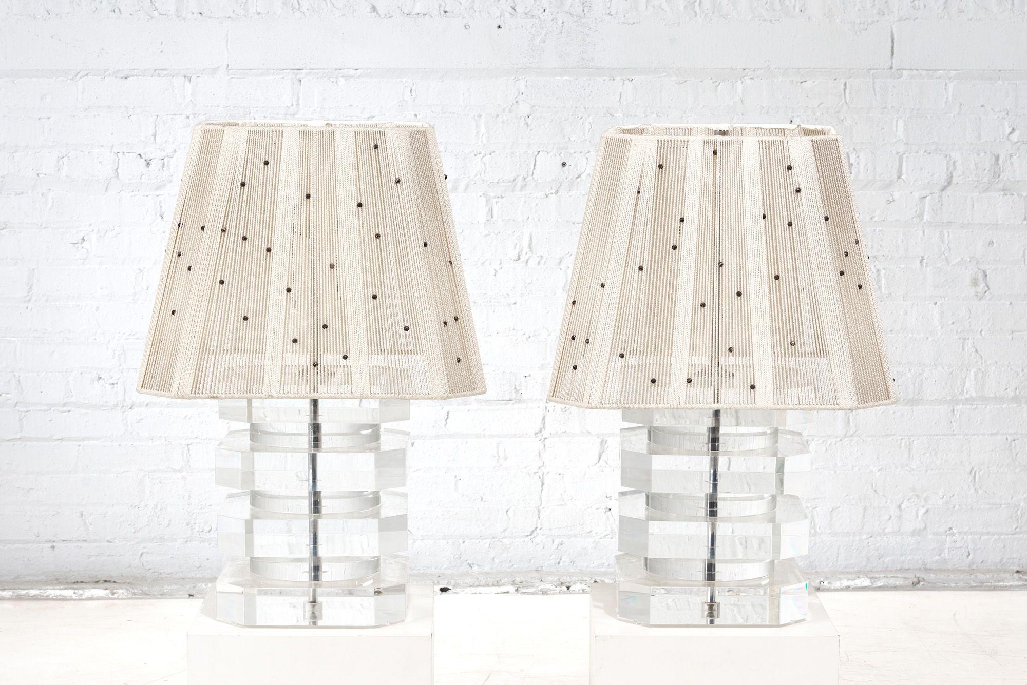 Mid-Century Modern Pair Karl Springer Stacked Lucite Lamps, 1960 For Sale