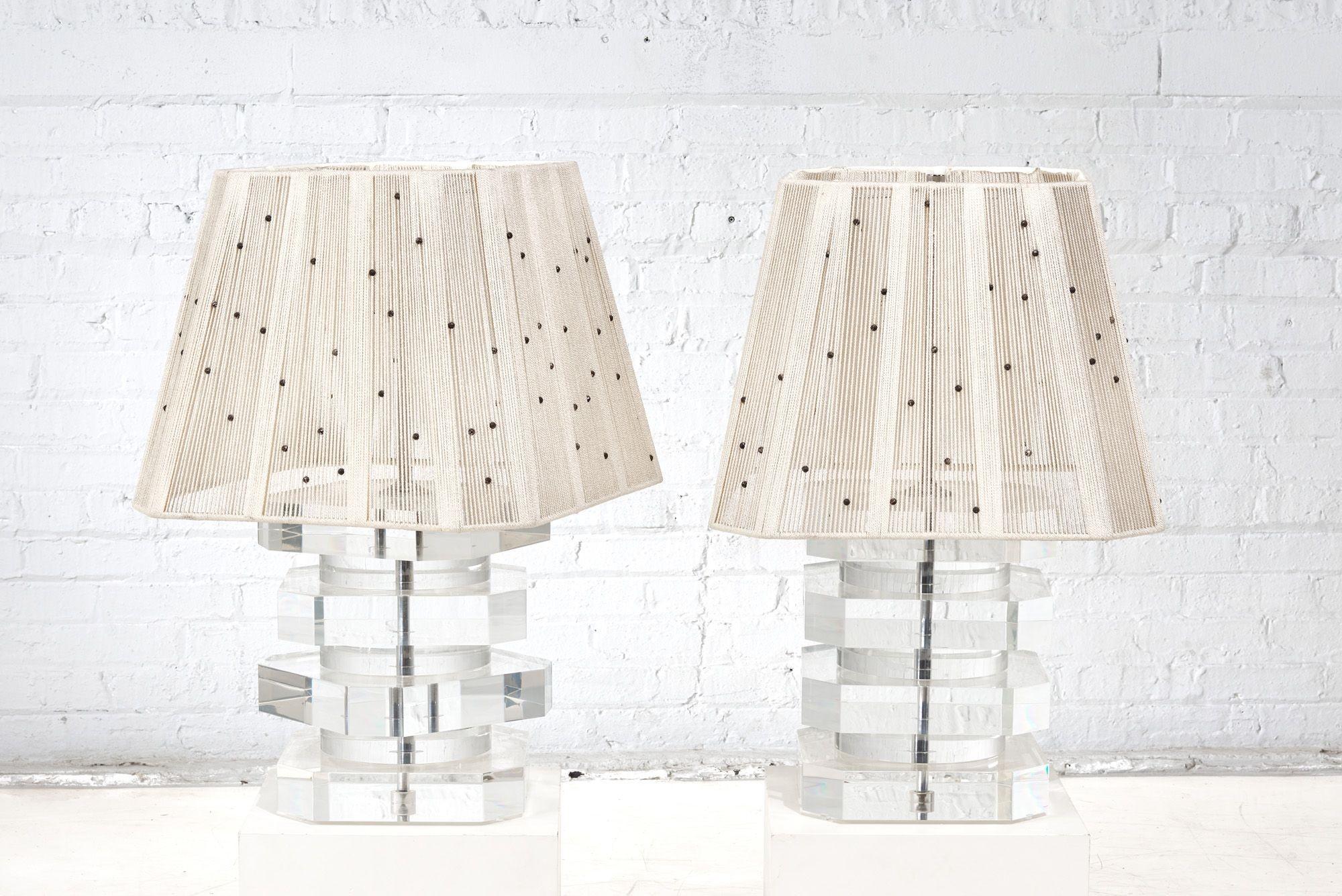 American Pair Karl Springer Stacked Lucite Lamps, 1960 For Sale