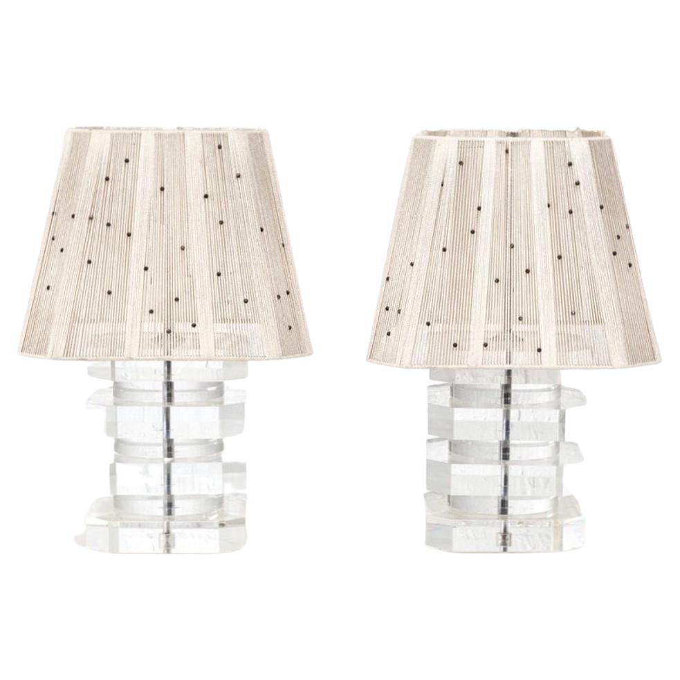 Pair Karl Springer Stacked Lucite Lamps, 1960