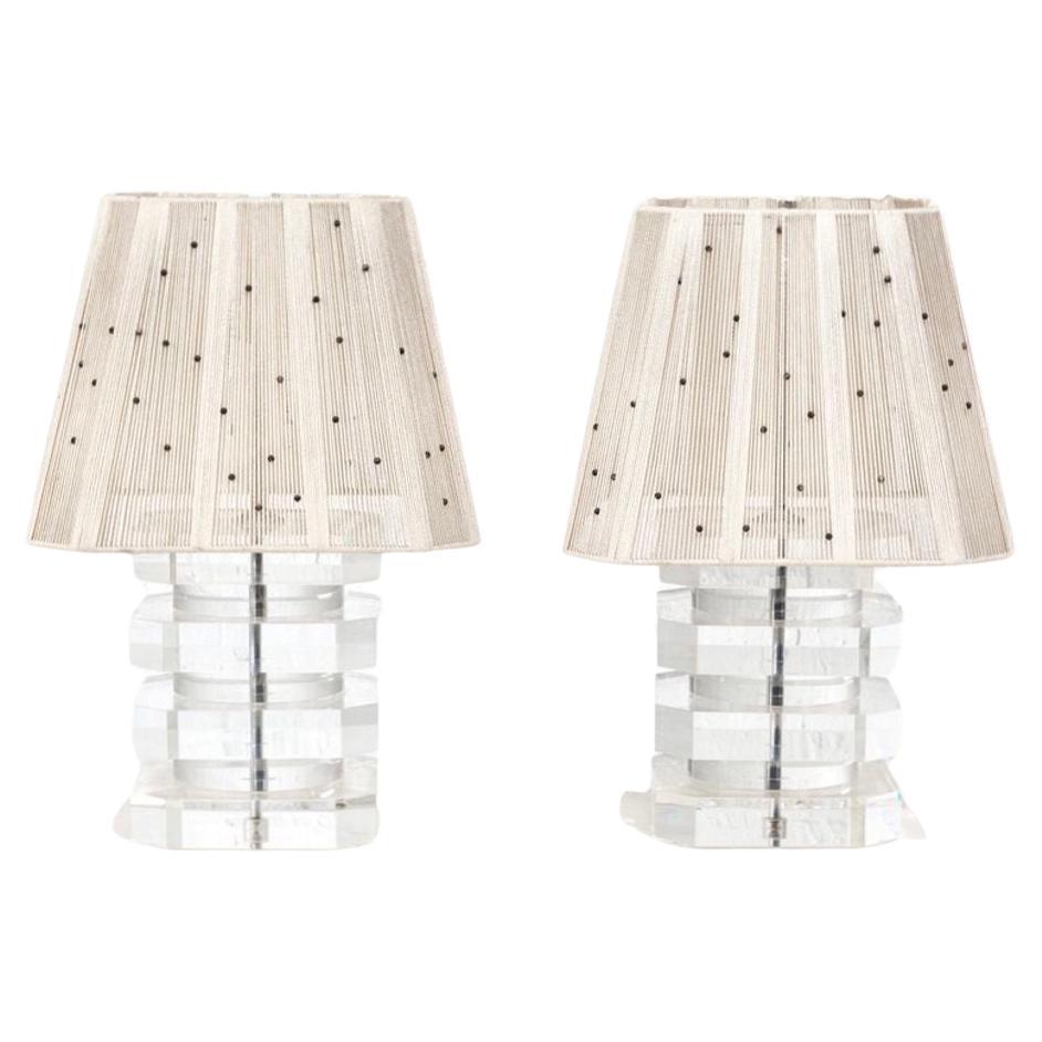Pair Karl Springer Stacked Lucite Lamps, 1960