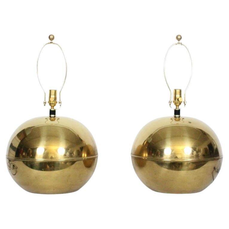 Pair Karl Springer Style Reflective Brass "Sphere" Table Lamps, Circa 1980 