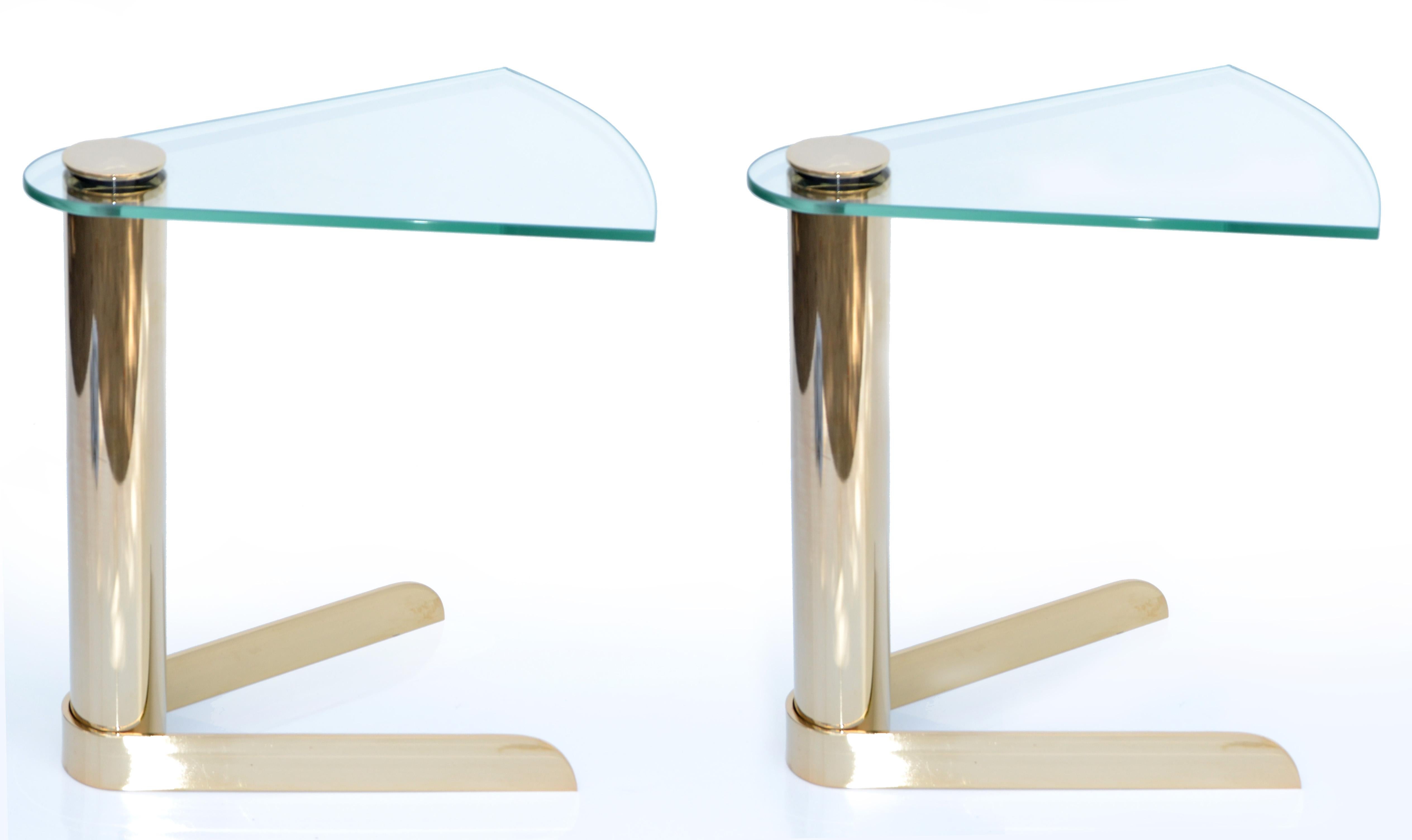 Pair, Karl Springer Style Mid-Century Modern Brass & Glass Drink Side Sofa Table For Sale 2