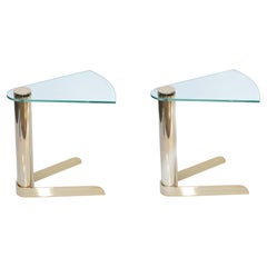 Pair, Karl Springer Style Mid-Century Modern Brass & Glass Drink Side Sofa Table