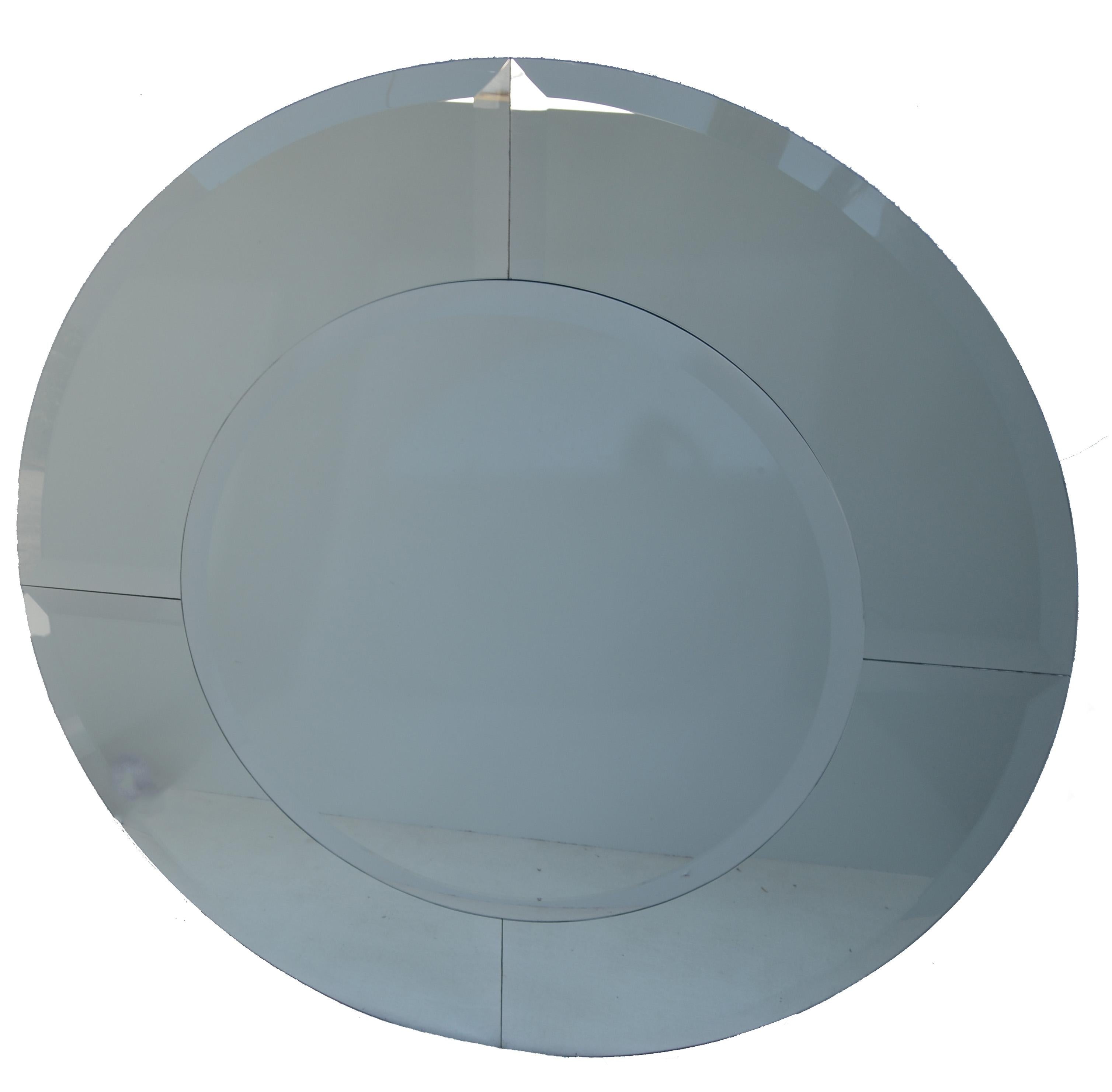 Pair of Karl Springer style Minimalist round saturn wall mirrors with 5 pieces of beveled Glass Panels mounted on a thick wood disc.
Mid-Century Modern Classic Craftsmanship in the style of Karl Springer made in America in the 1980.
Inside
