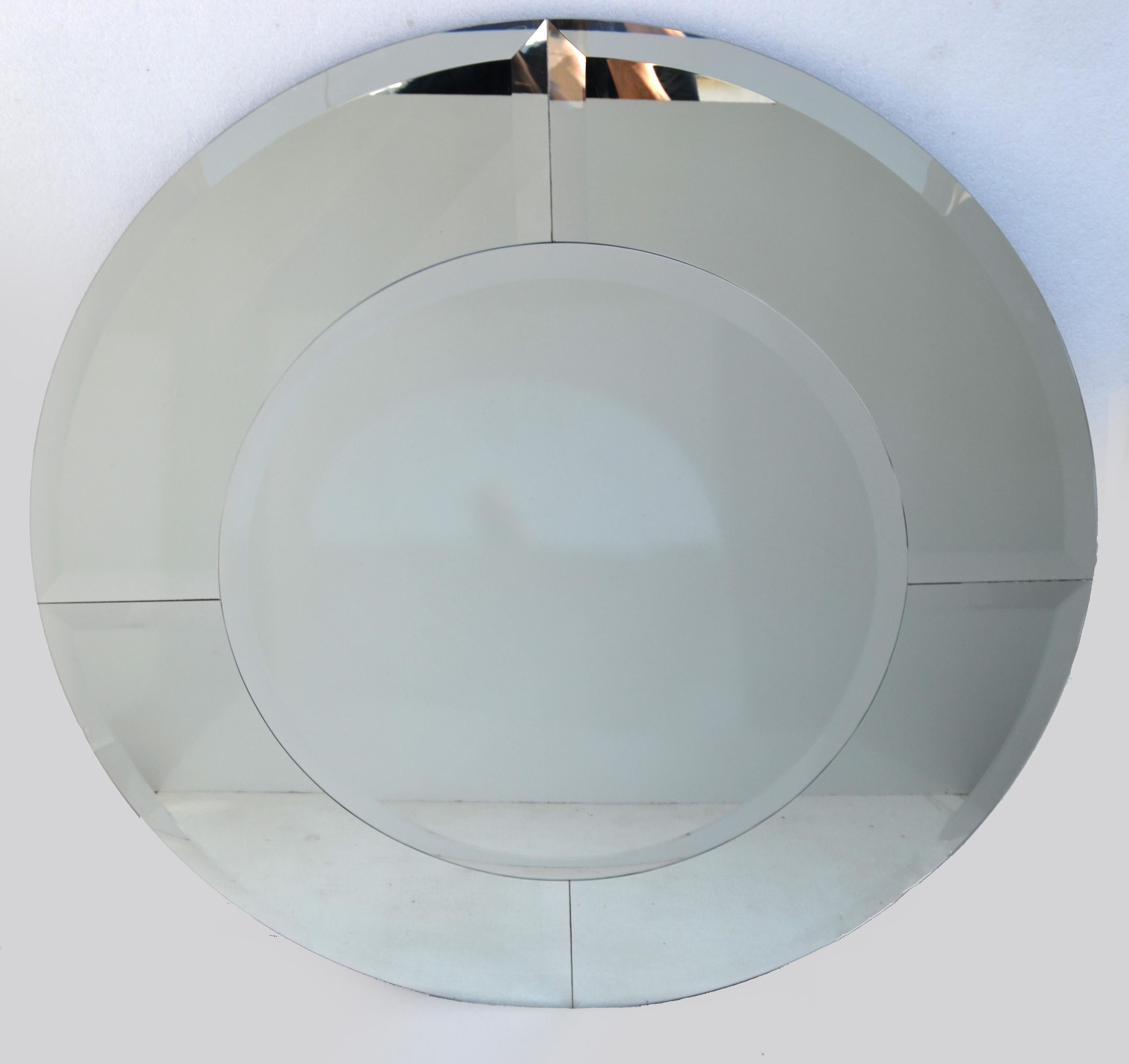 Mid-Century Modern Pair, Karl Springer Style Saturn Wall Mirror Beveled Glass Panels Midcentury For Sale