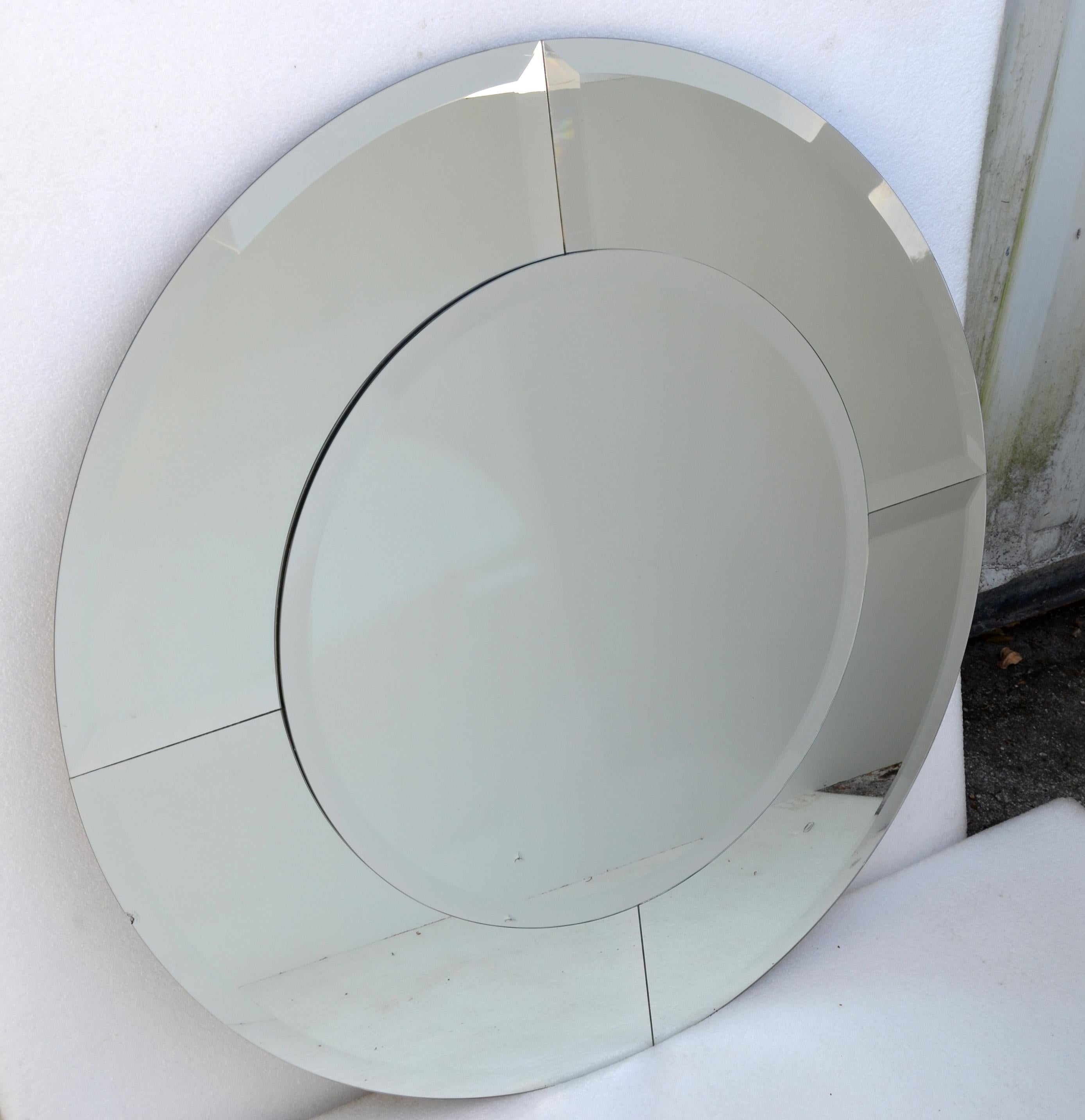Pair, Karl Springer Style Saturn Wall Mirror Beveled Glass Panels Midcentury In Good Condition For Sale In Miami, FL