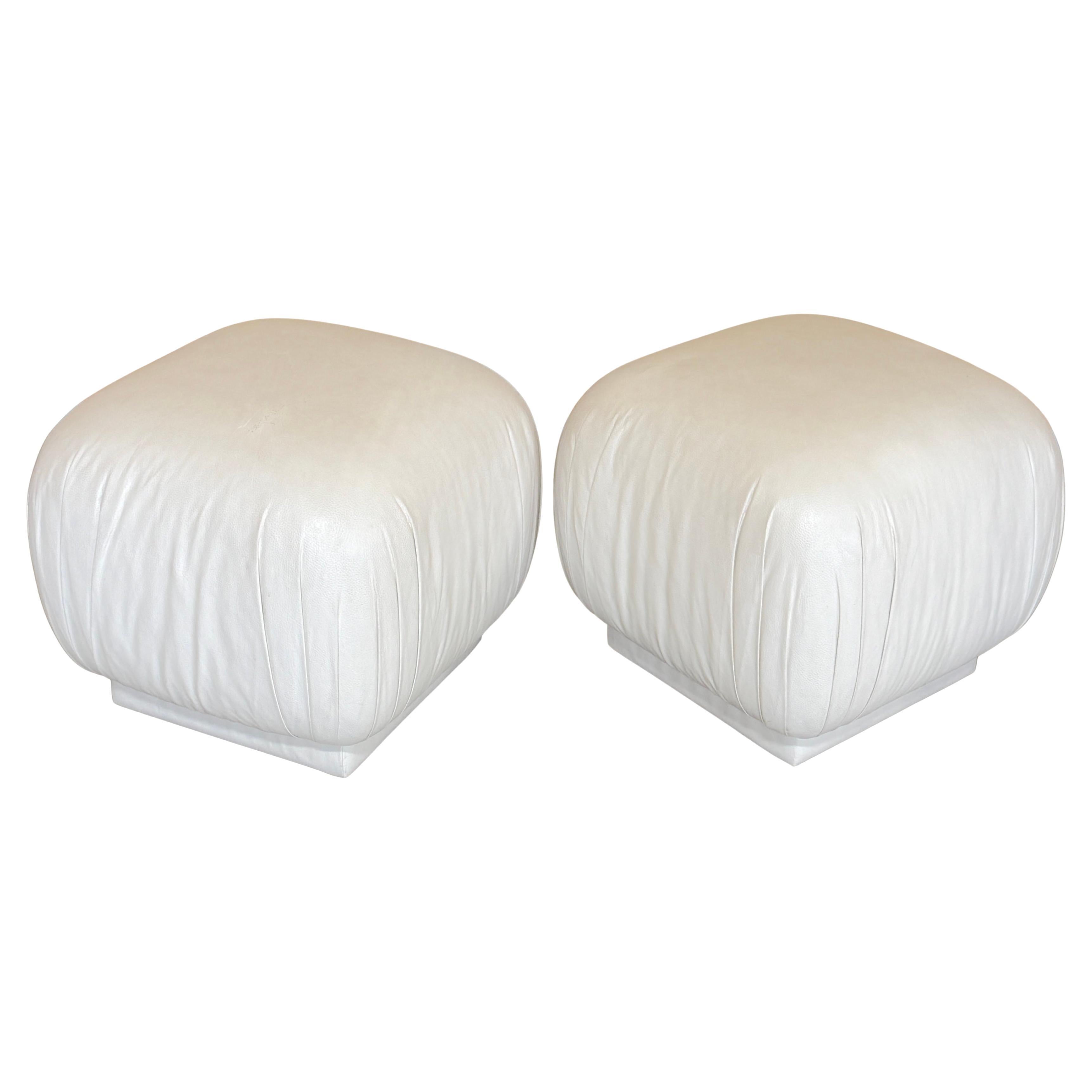 Pair Karl Springer Style Souffle Ottomans/ Poufs in Patinated White Leather