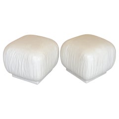 Pair Karl Springer Style Souffle Ottomans/ Poufs in Patinated White Leather