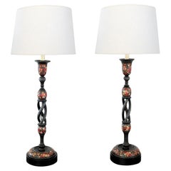 Pair Kashmiri Lacquer Papier-Mâché Candlestick Lamps
