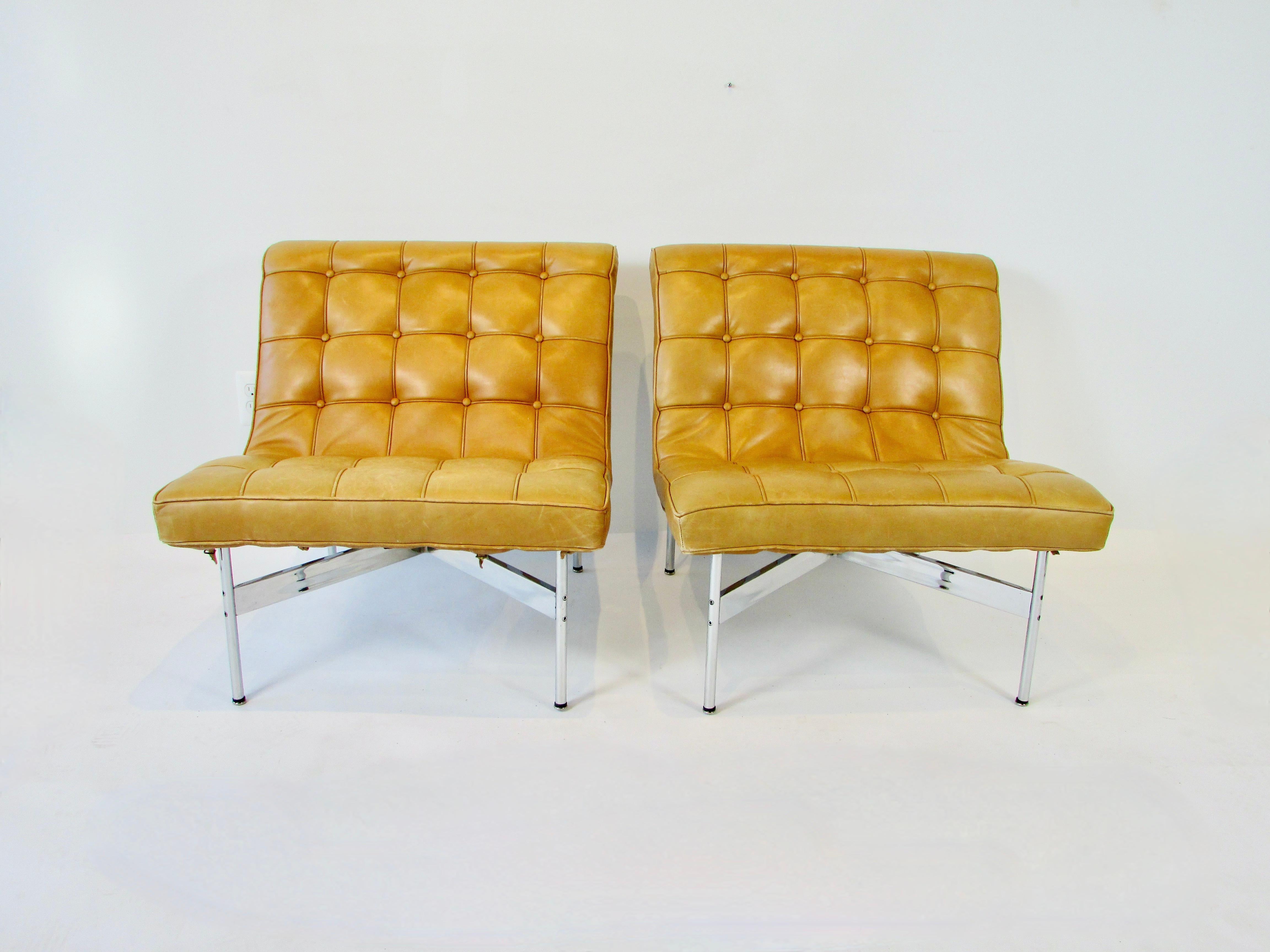 Pair Katavolos Littell Kelley for Laverne button tufted leather lounge chairs  For Sale 7