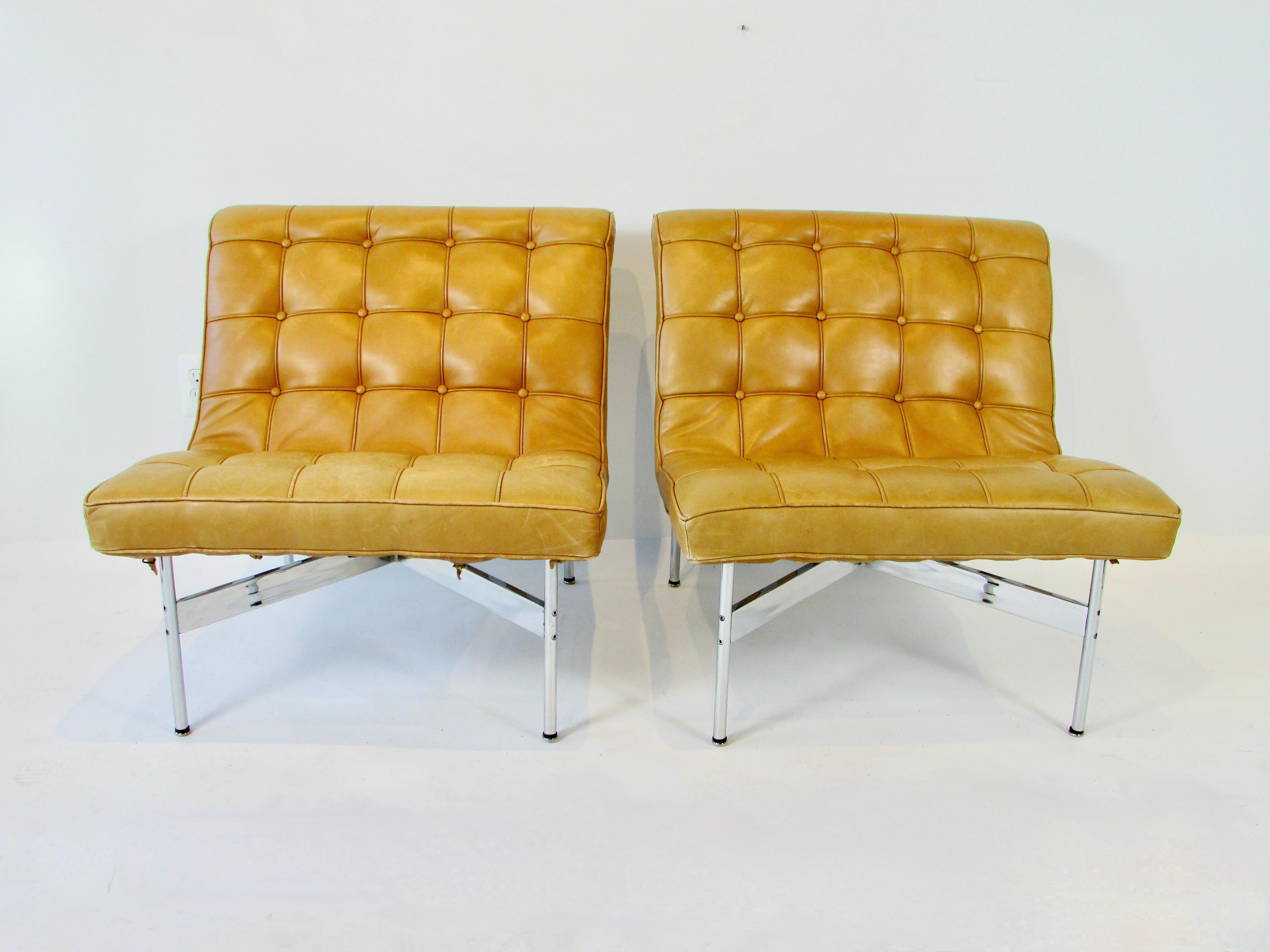 Pair Katavolos Littell Kelley for Laverne button tufted leather lounge chairs  For Sale 8