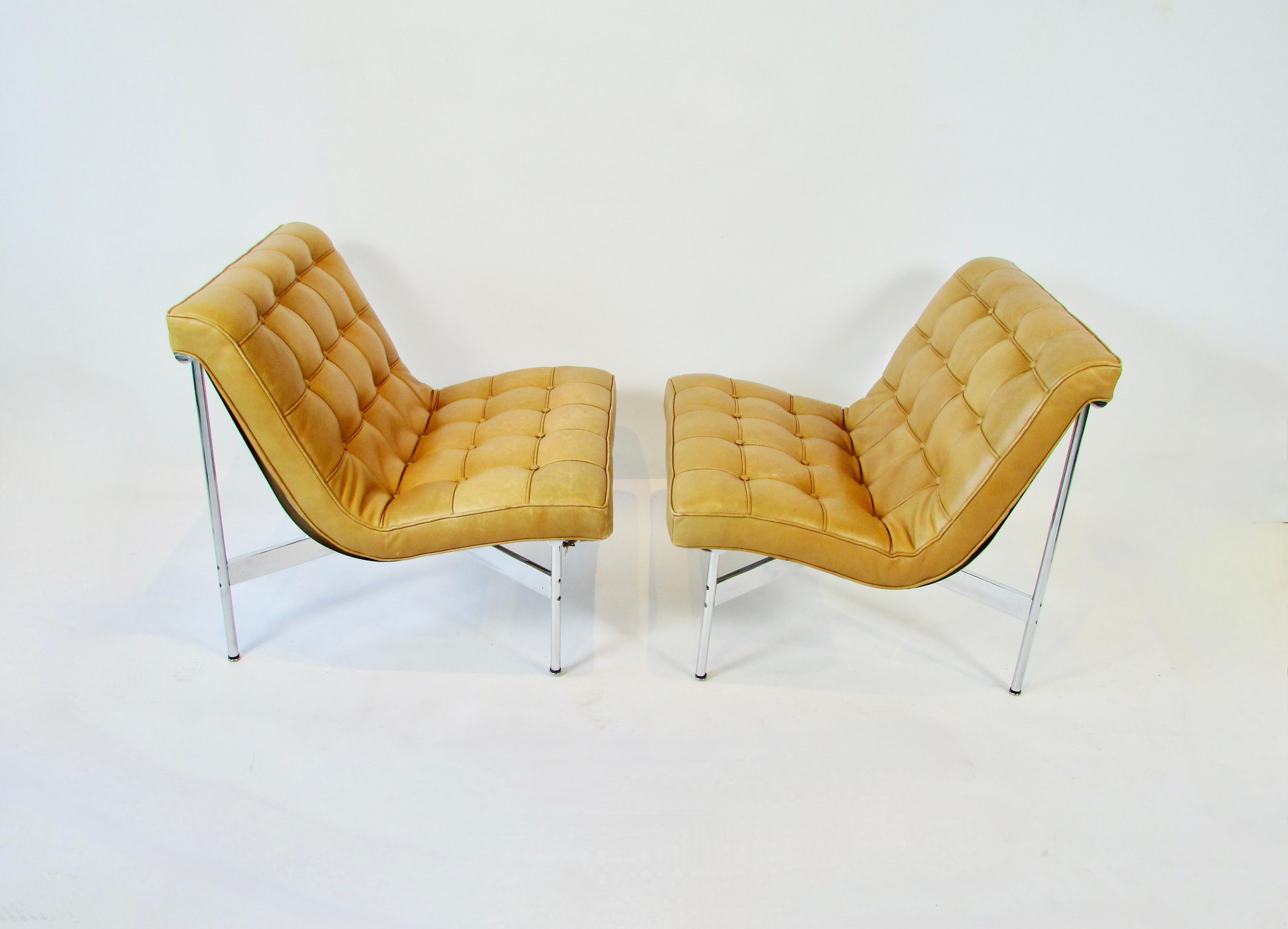 Polished Pair Katavolos Littell Kelley for Laverne button tufted leather lounge chairs  For Sale