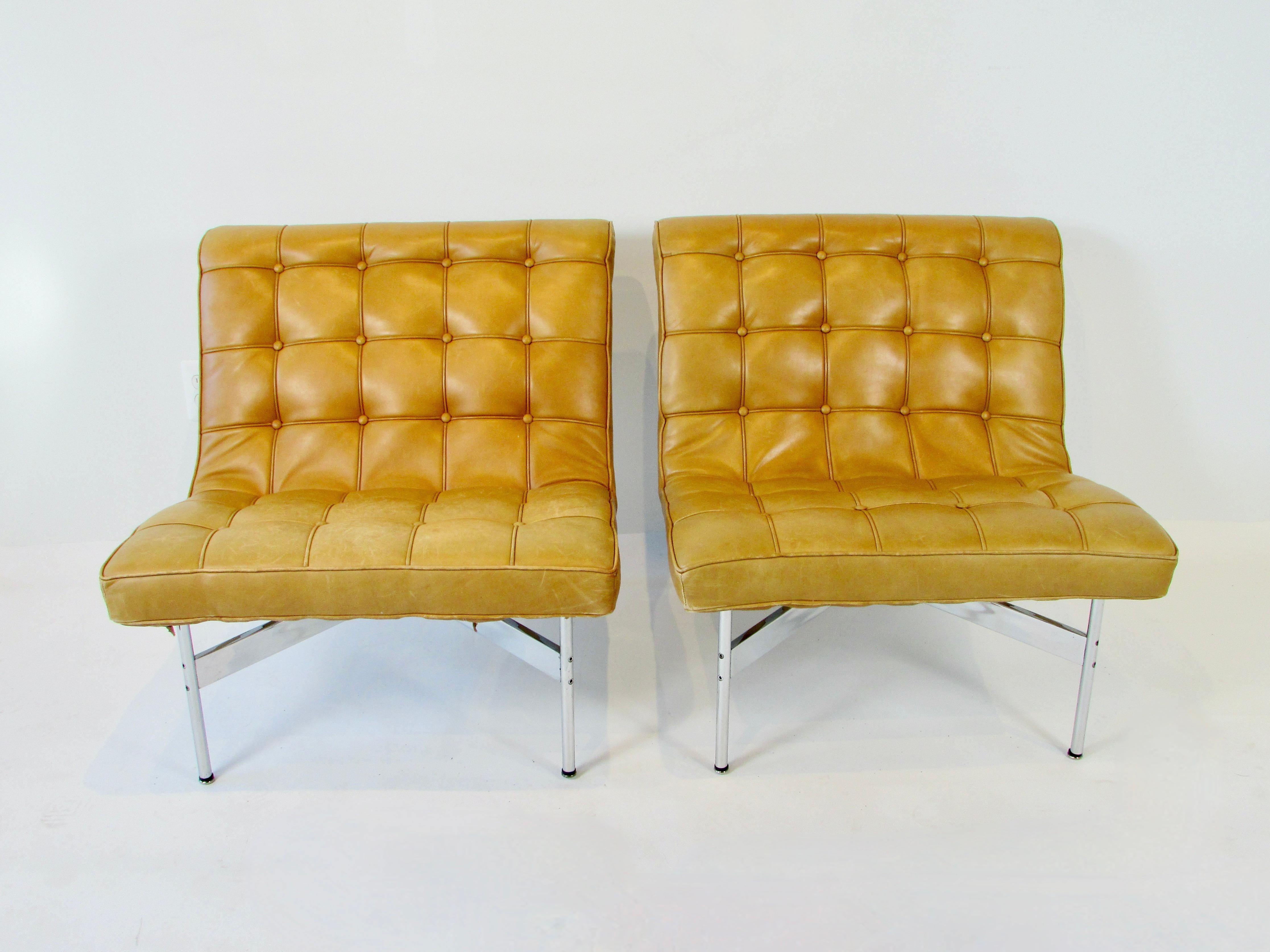 Leather Pair Katavolos Littell Kelley for Laverne button tufted leather lounge chairs  For Sale
