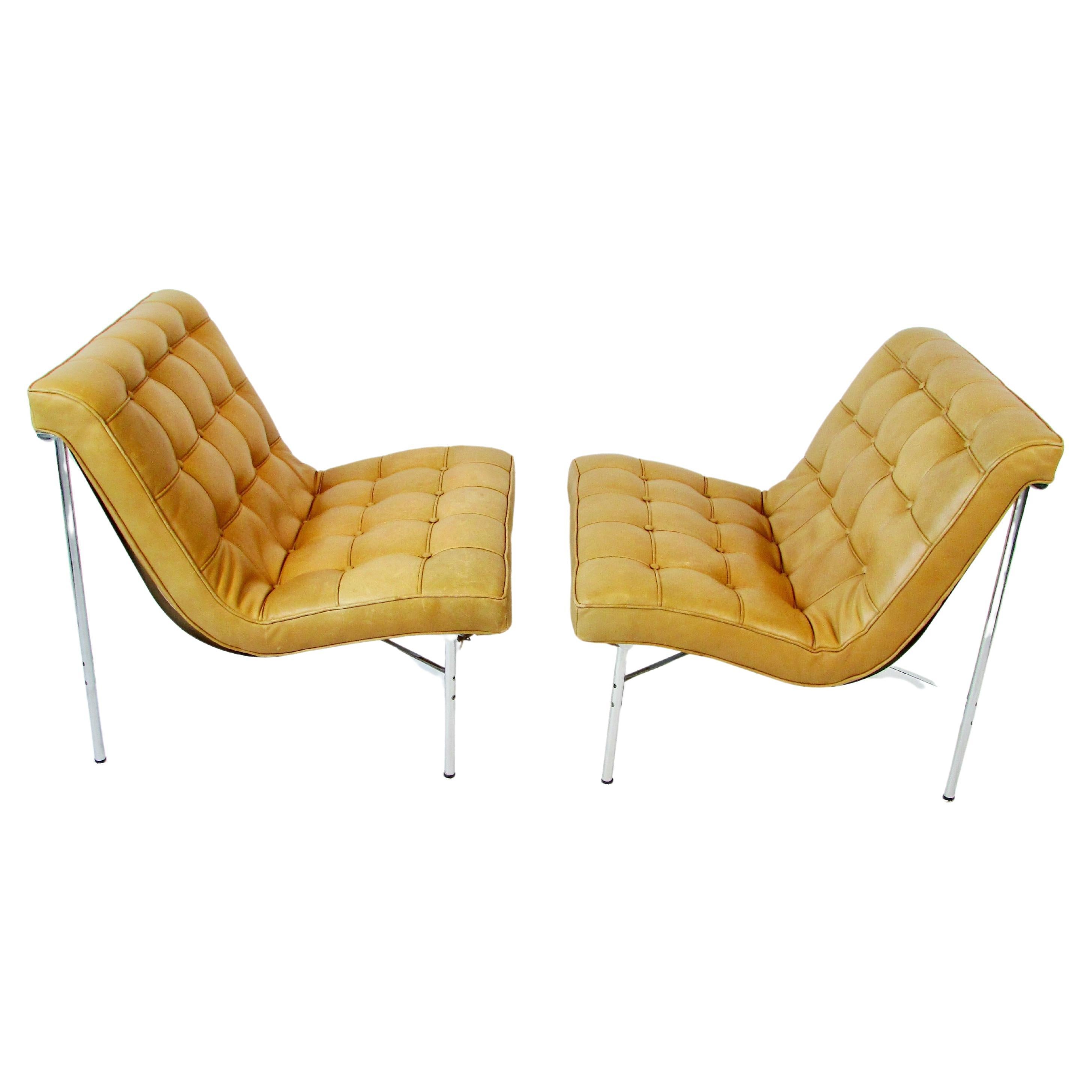 Pair Katavolos Littell Kelley for Laverne button tufted leather lounge chairs 